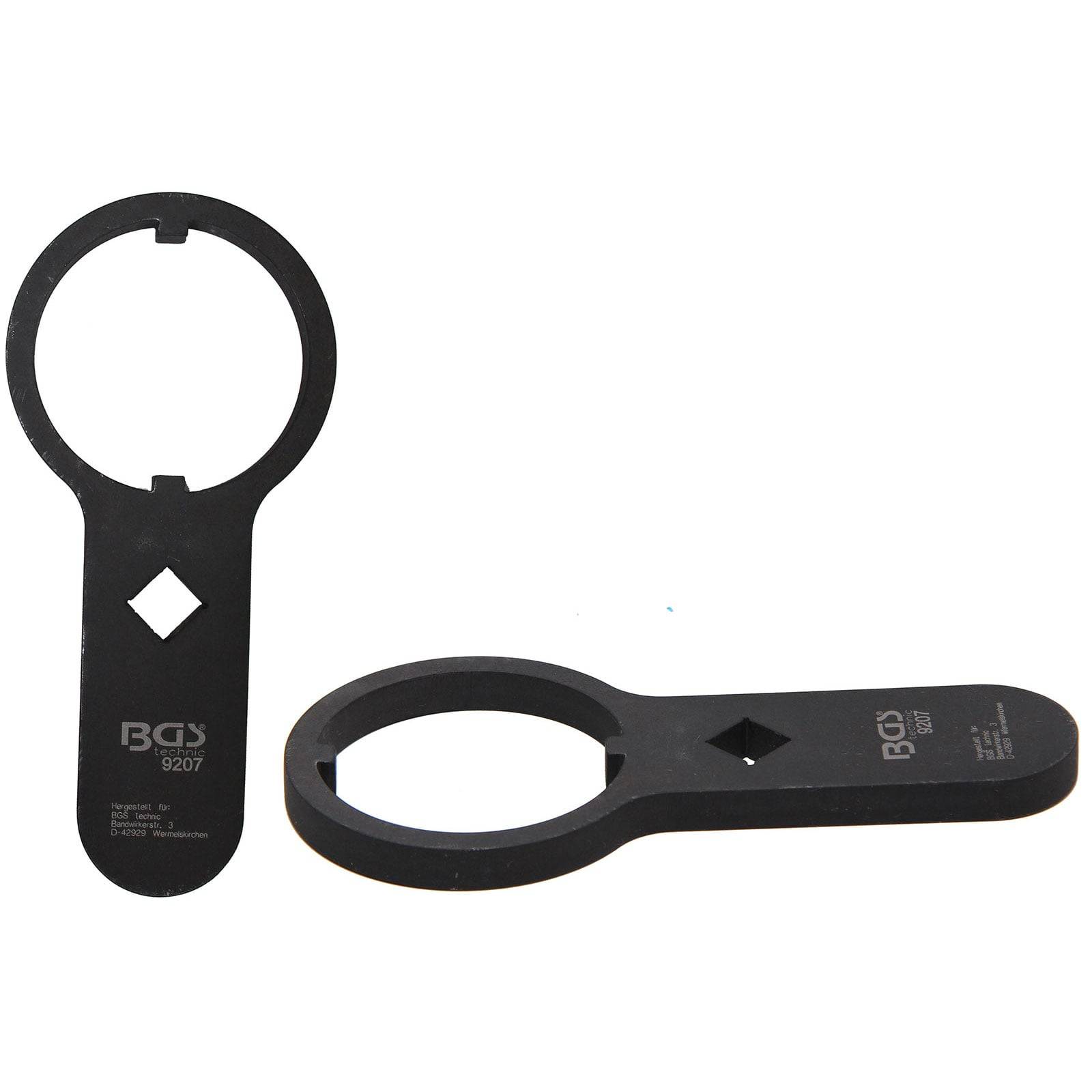 Zwei BGS-Werkzeuge mit kreisförmigen Öffnungen und Griffen, eines aufrecht und das andere liegend, konstruiert zum Festziehen oder Lösen von Muttern.