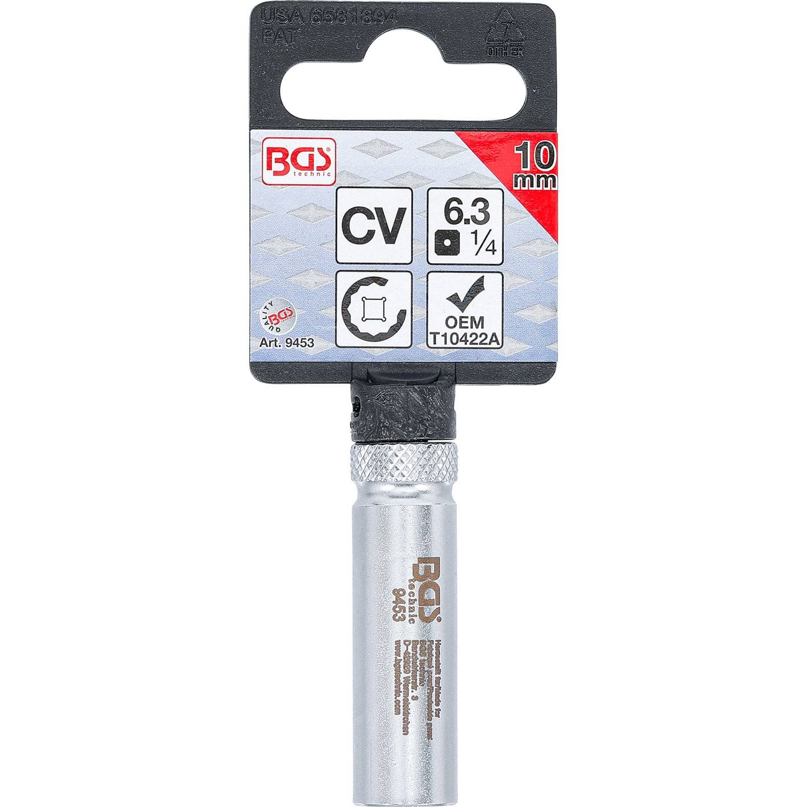 BGS-markierte 10-mm-CV-Stecknuss mit 1/4-Zoll-Antrieb, in Verpackung gezeigt. Merkmale umfassen einen gerillten Griff und eine Chrom-Vanadium-Konstruktion.