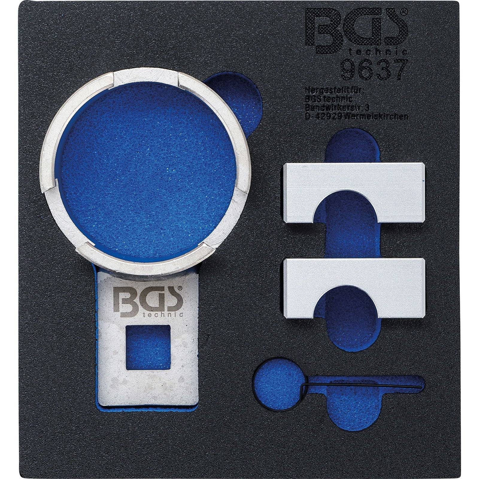 BGS technic 9637 Werkzeugsatz mit Metallkomponenten, einschließlich runder und rechteckiger Teile, in einer Schaumstoffverpackung zum Schutz.
