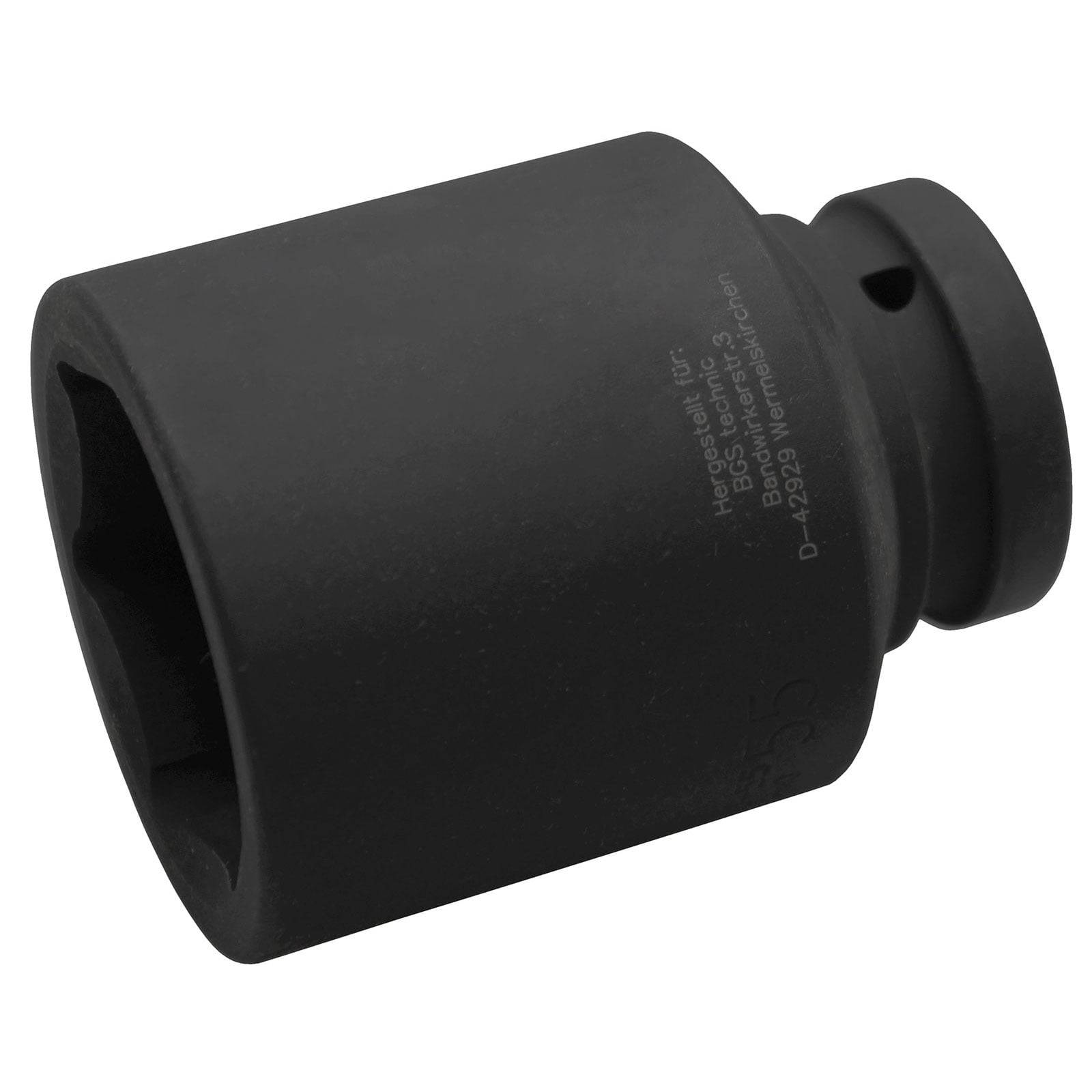 Ein schwarzer Steckschlüssel-Adapter mit geprägtem Text zur Anzeige von Größe und Spezifikationen, verwendet zum Festziehen oder Lösen von Muttern und Schrauben.