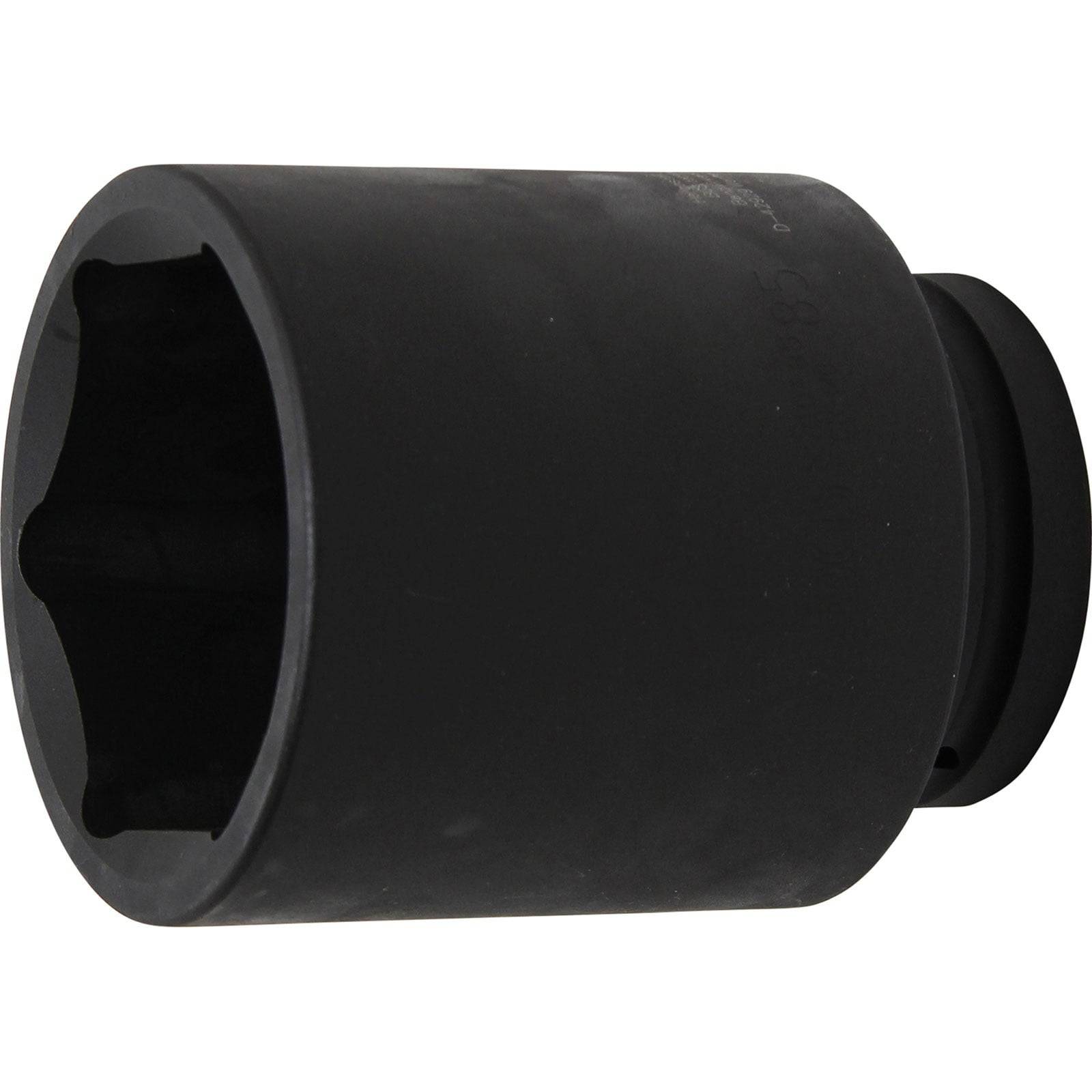 Ein schwarzer, zylindrischer Steckschlüsseleinsatz mit einer sechseckigen Öffnung, der verwendet wird, um Muttern oder Schrauben zu greifen und zu drehen.