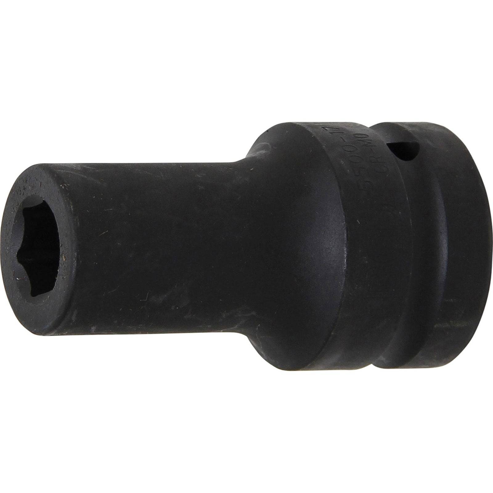 Ein schwarzer Schlagschraubereinsatz, entwickelt für Anwendungen mit hoher Belastung, mit sechseckiger Öffnung und robuster Konstruktion.