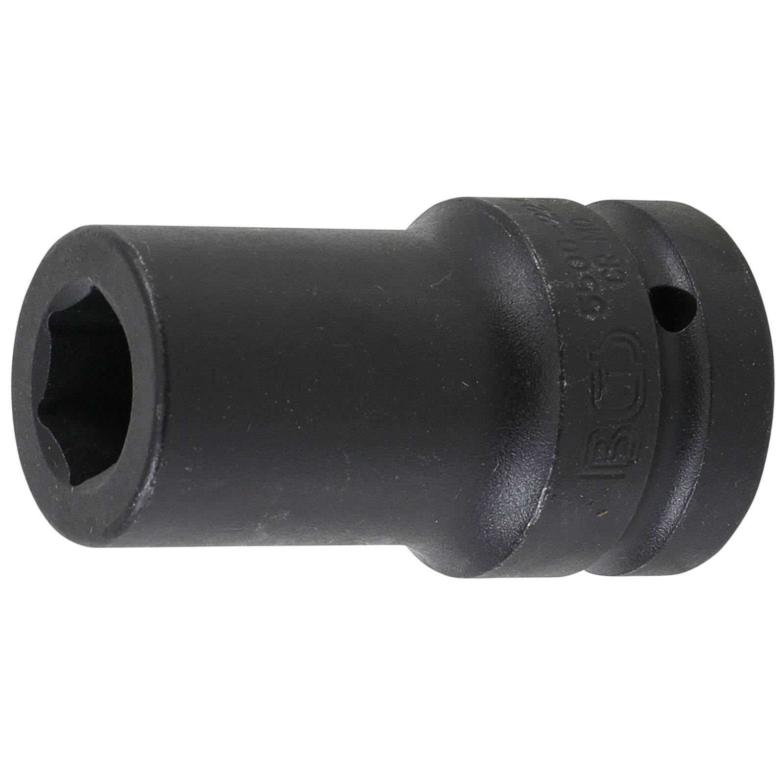 Eine schwarze Schlagschrauber-Stecknuss mit sechseckiger Öffnung, üblicherweise für schwere Einsätze mit Schlagschraubern verwendet.