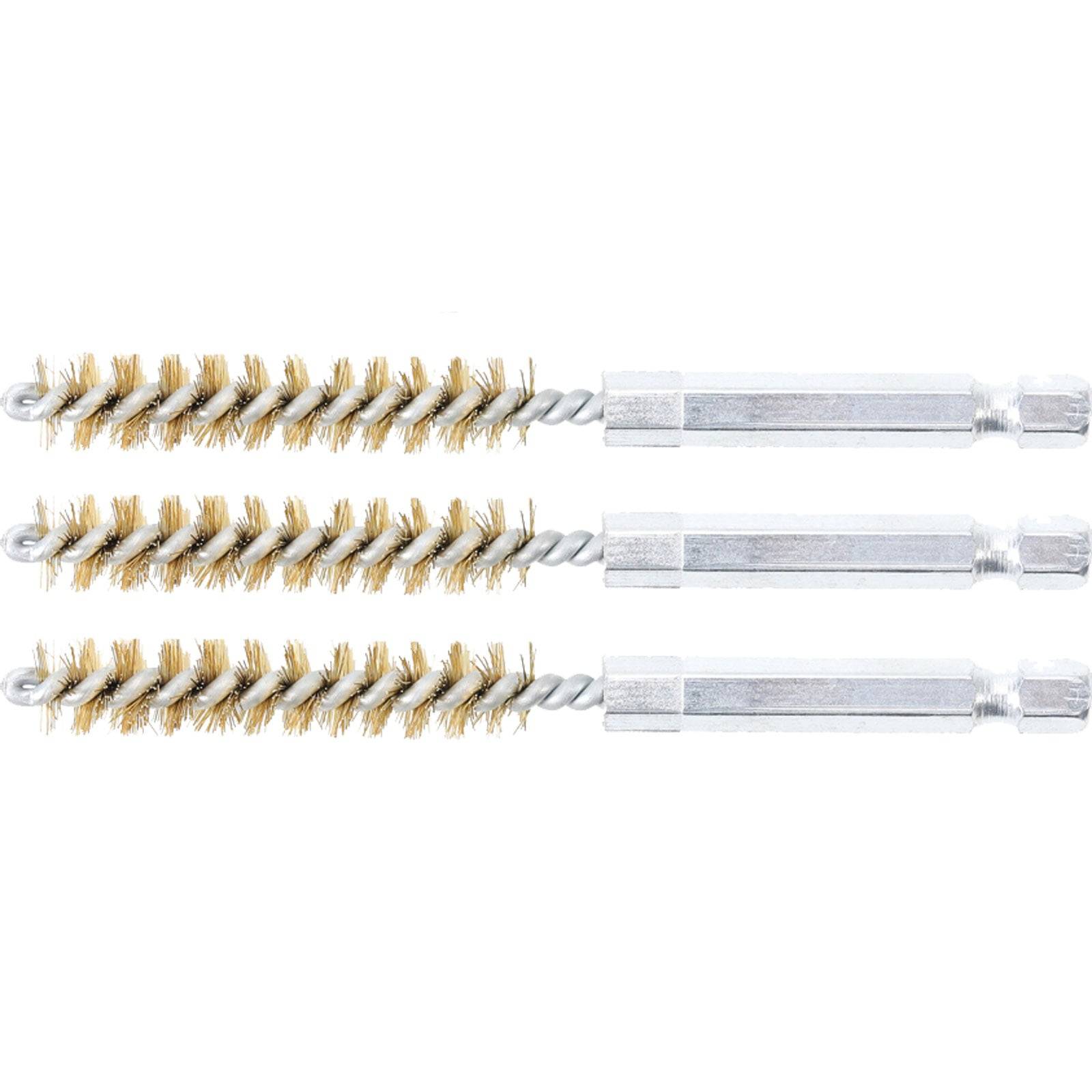 Drei identische Messingdrahtbürsten horizontal angeordnet, jede mit gedrehten Metallgriffen und sechseckigen Enden.