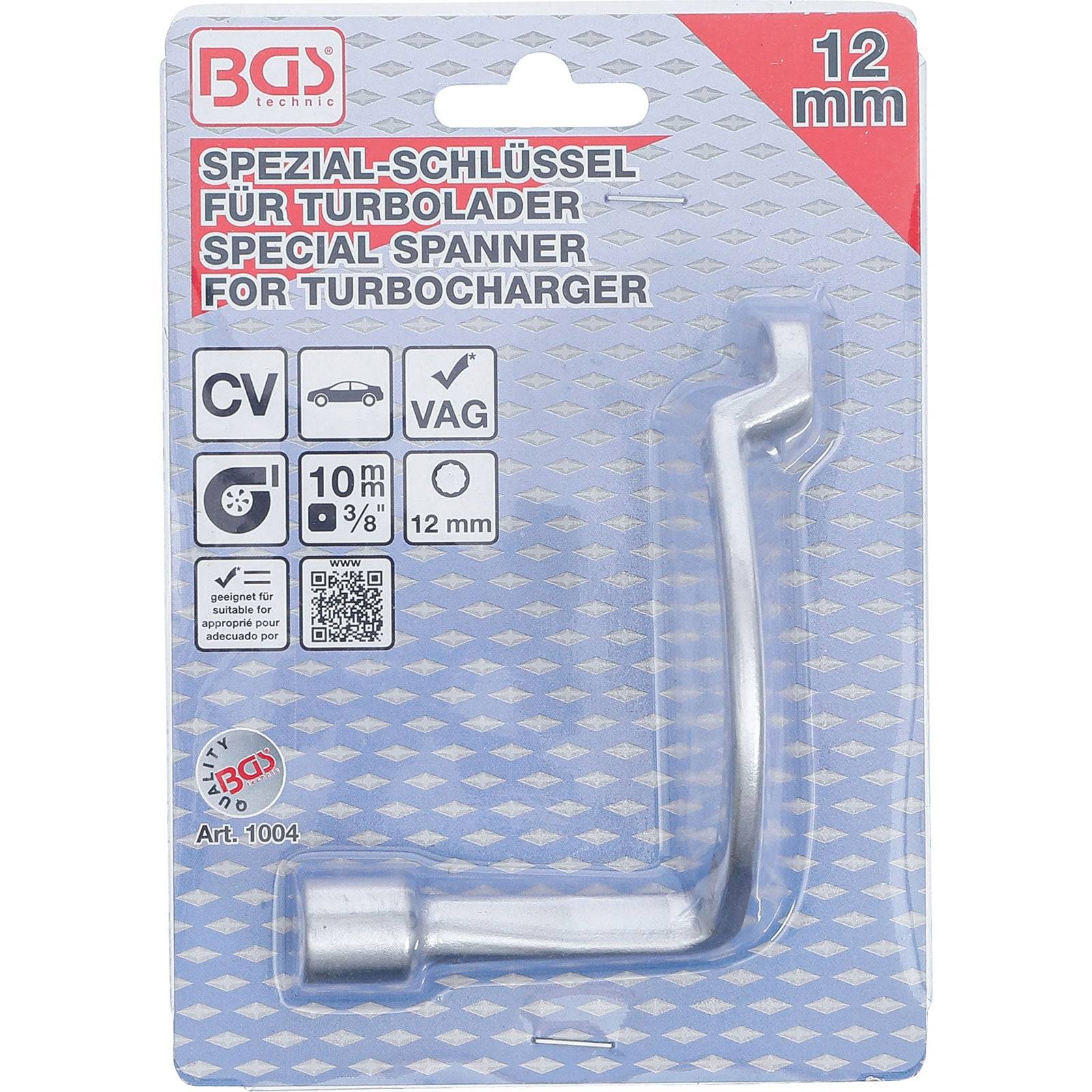 Spezialschlüssel für Turbolader, mit einem metallischen Schlüssel mit ergonomischen Kurven. Größe angegeben als 12 mm.