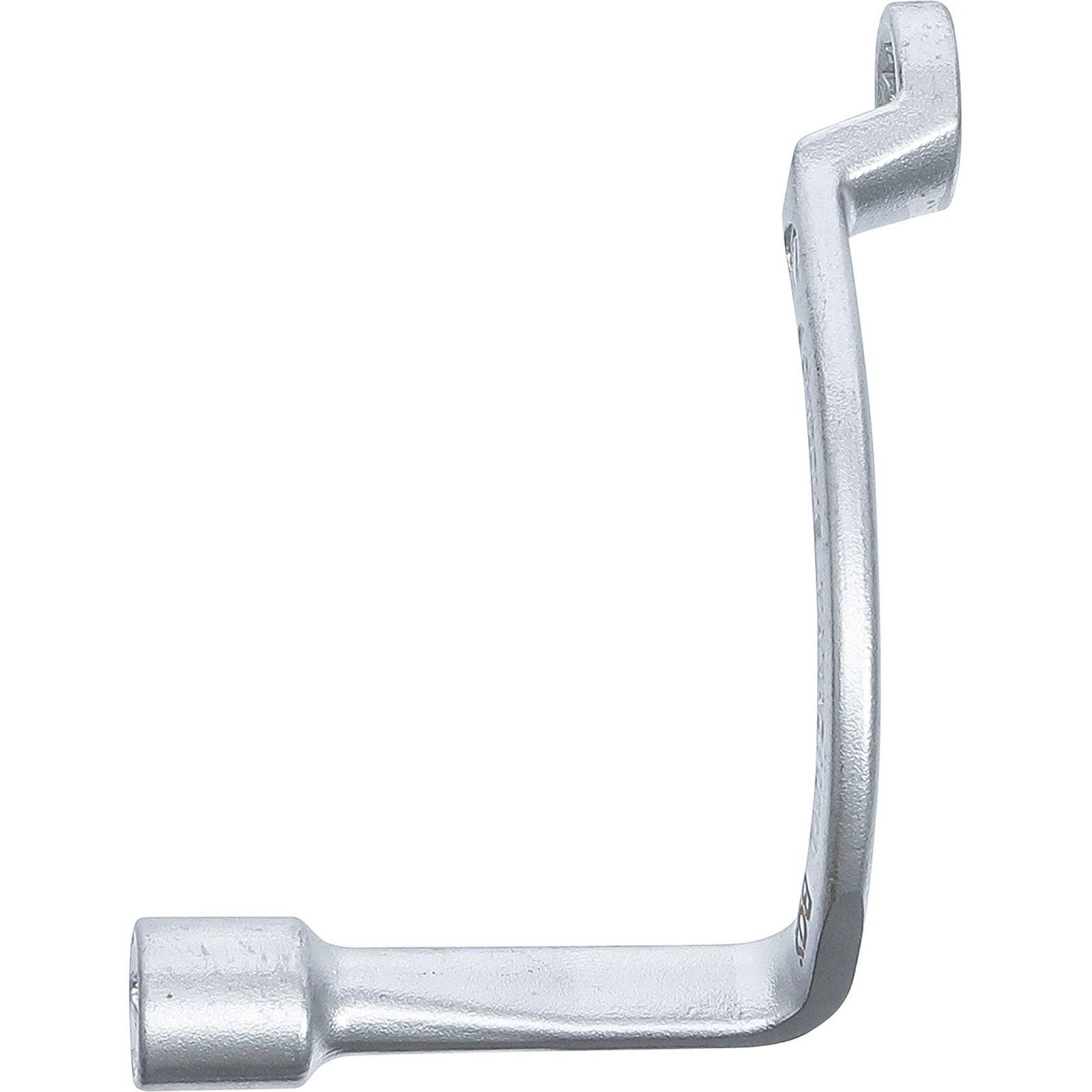 Ein silberner Kurbelgriff mit einer quadratischen Fassung an einem Ende und einem gebogenen Griff am anderen Ende.