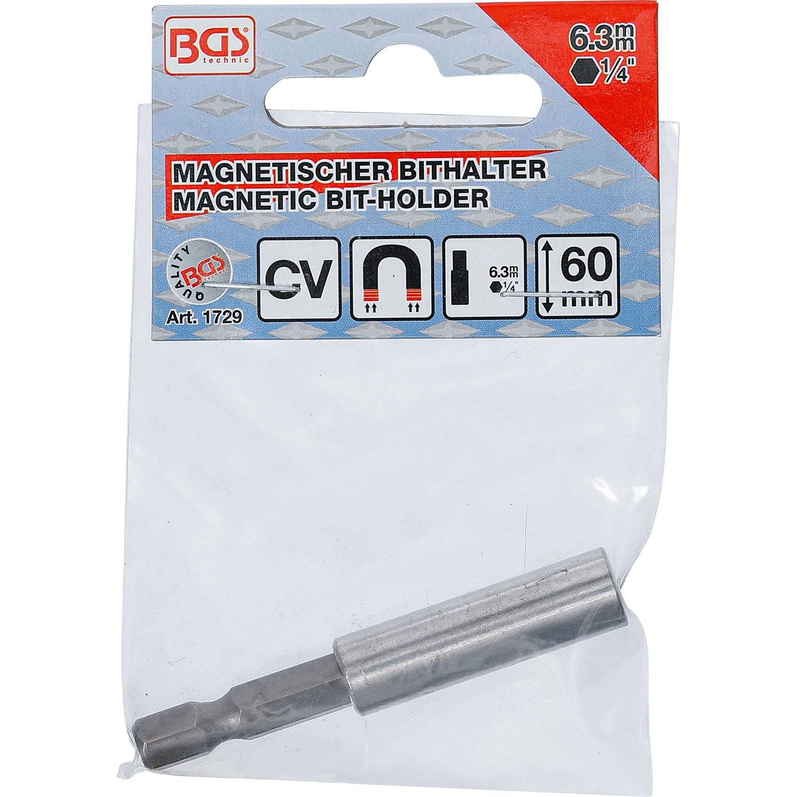 Magnetischer Bit-Halter, BGS Markenverpackung, enthält Spezifikationen: 6,3 mm, 1/4 Zoll, 60 mm Länge, mit magnetischen und CV-Symbolen.