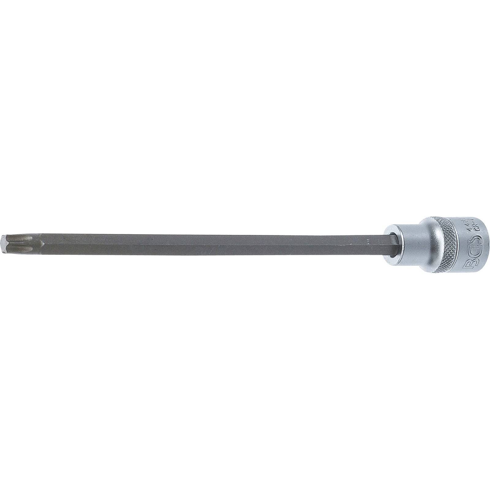 Langer Torx-Bit mit Nuss, für automotive oder mechanische Anwendungen konzipiert, mit verlängerter Reichweite für den Zugang zu tiefen oder verdeckten Schrauben.