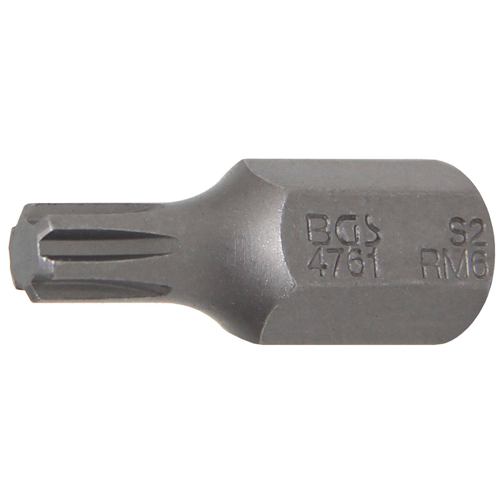 Ein Metall-Sechskant-Schraubendreherbit mit der Aufschrift 'BGS 4751 S2 RM6', die auf seiner Oberfläche eingraviert ist.