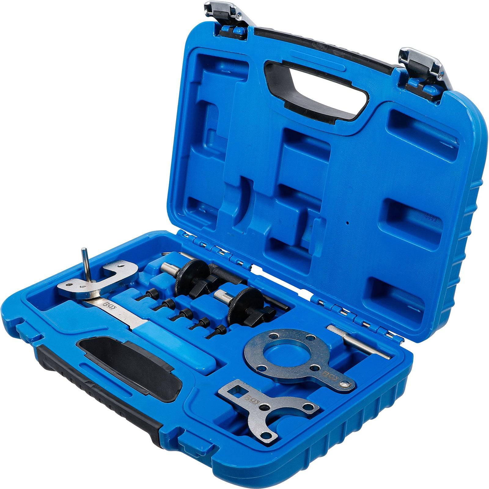 Eine blaue Kunststoff-Werkzeugbox, die verschiedene Motorsteuerungswerkzeuge enthält, einschließlich Halterungen und Schrauben, die für Wartung und Reparatur von Motoren konzipiert sind.