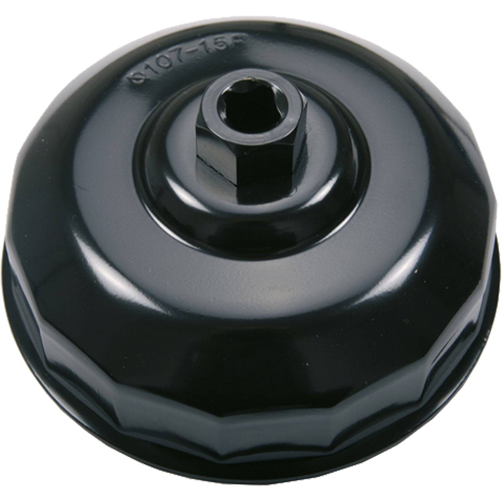 Schwarzer Metall-Ölfilter-Schraubenschlüssel mit Sechskant-Einsatz, verwendet zum Entfernen oder Installieren von Ölfiltern bei der Automobilwartung.