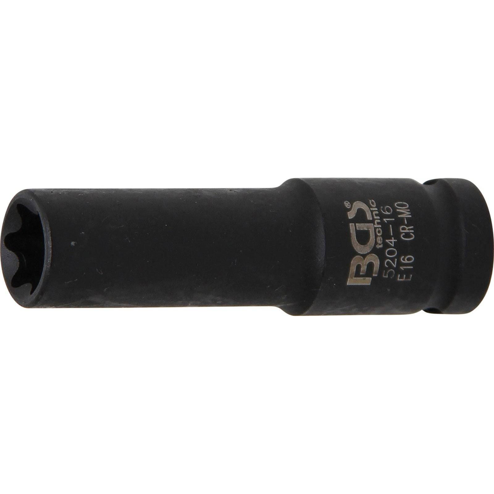Eine schwarze Torx-Steckdose mit der Beschriftung 'BGS 5204-T16 E16 CR-MO' wird gezeigt, die für die Verwendung mit einem Ratschenwerk zum Anziehen oder Lösen von Befestigungselementen entwickelt wurde.
