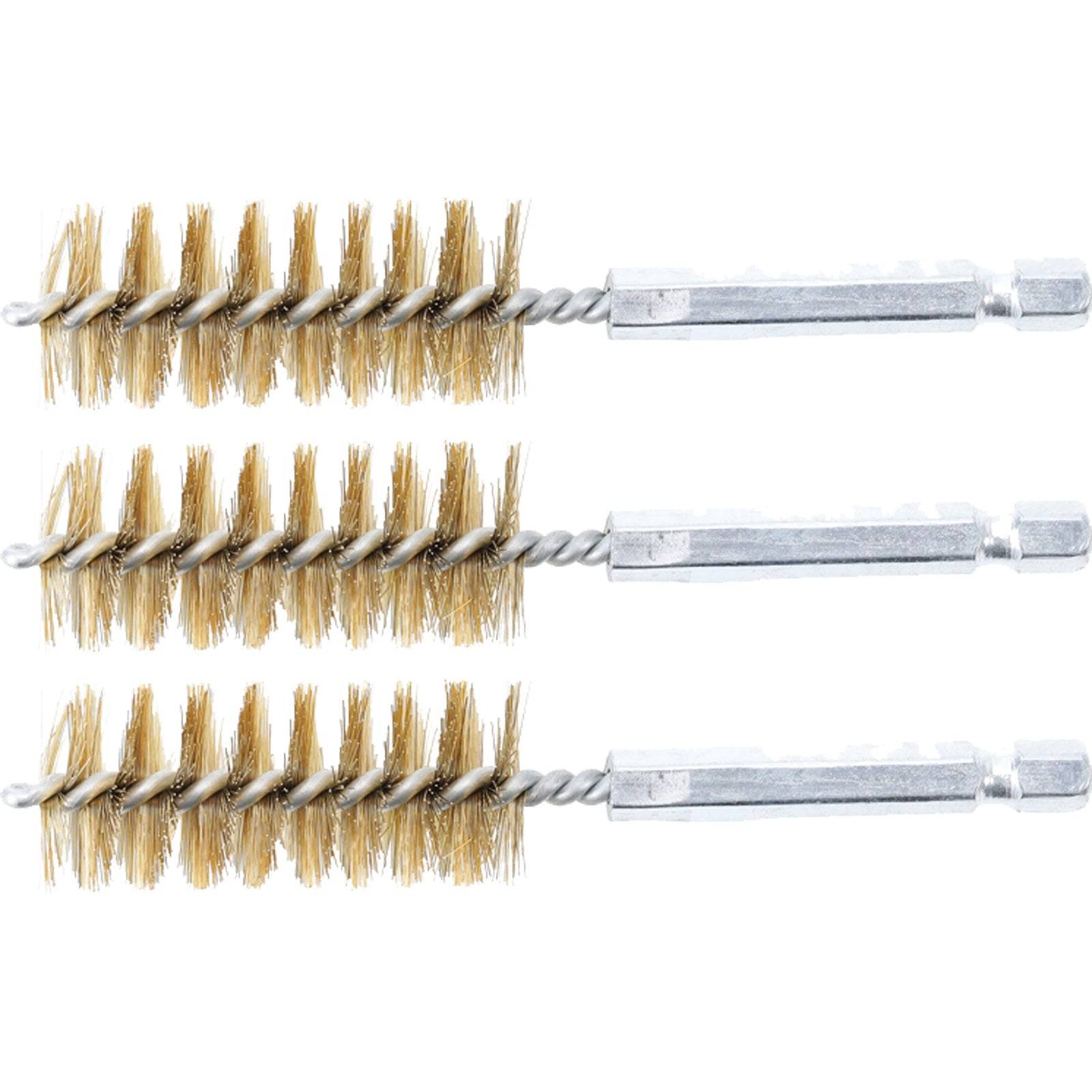 Drei zylindrische Drahtbürsten mit gedrehten Metallgriffen, horizontal parallel zueinander angeordnet, auf einem weißen Hintergrund.