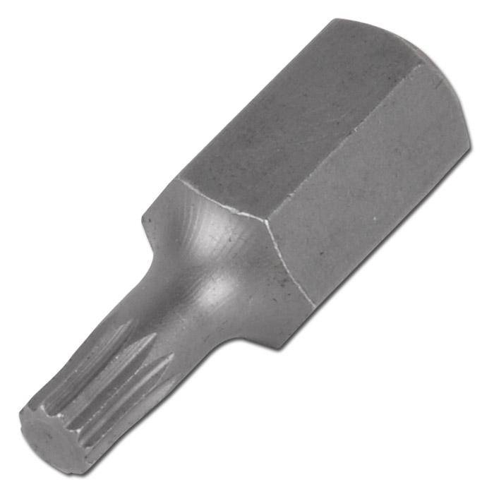 Ein Metallschraubendreherbit mit sechskantiger Schäftung und schlitzförmiger, gerillter Spitze auf weißem Hintergrund.