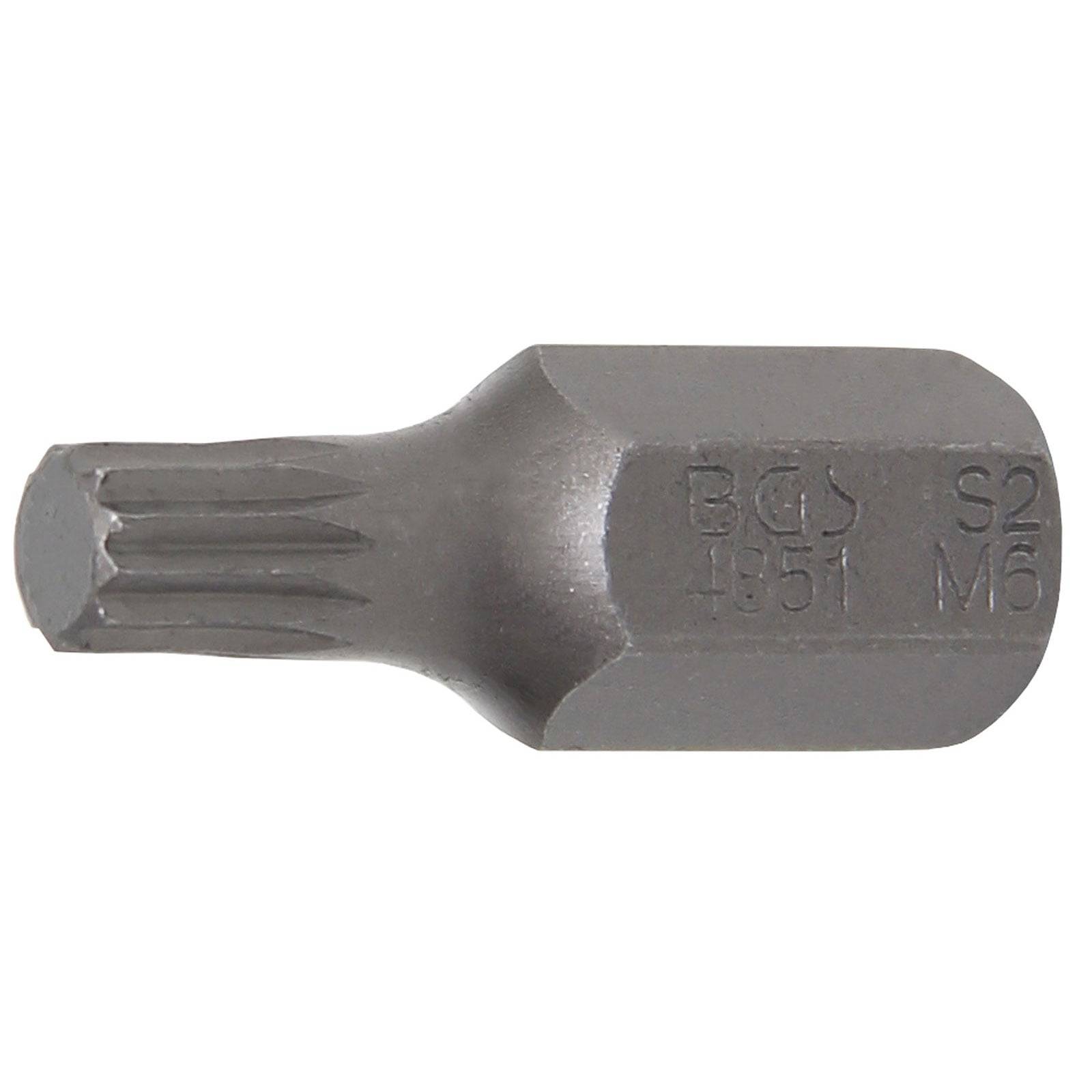 Ein Torx-Bit mit einer sechseckigen Basis, beschriftet mit 'BGS 1851 S2 M6', entwickelt für die Verwendung in Schraubendrehern oder Bohrmaschinen zum Anziehen oder Lösen von Torx-Schrauben.