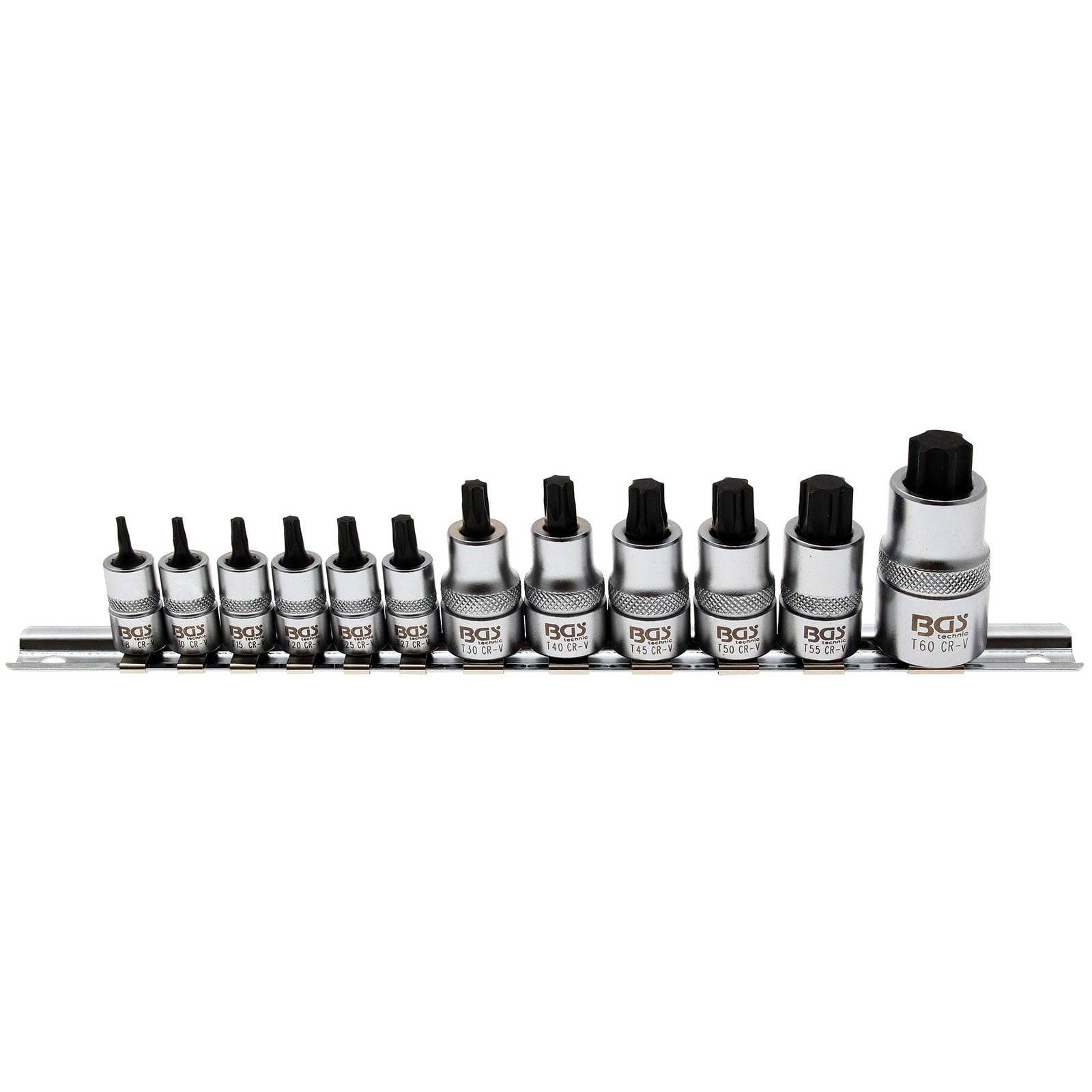 Eine Reihe von 12 Torx-Bit-Nüssen, die auf einer Metallschiene angeordnet sind, in Größen von klein bis groß, jeweils mit „BGS