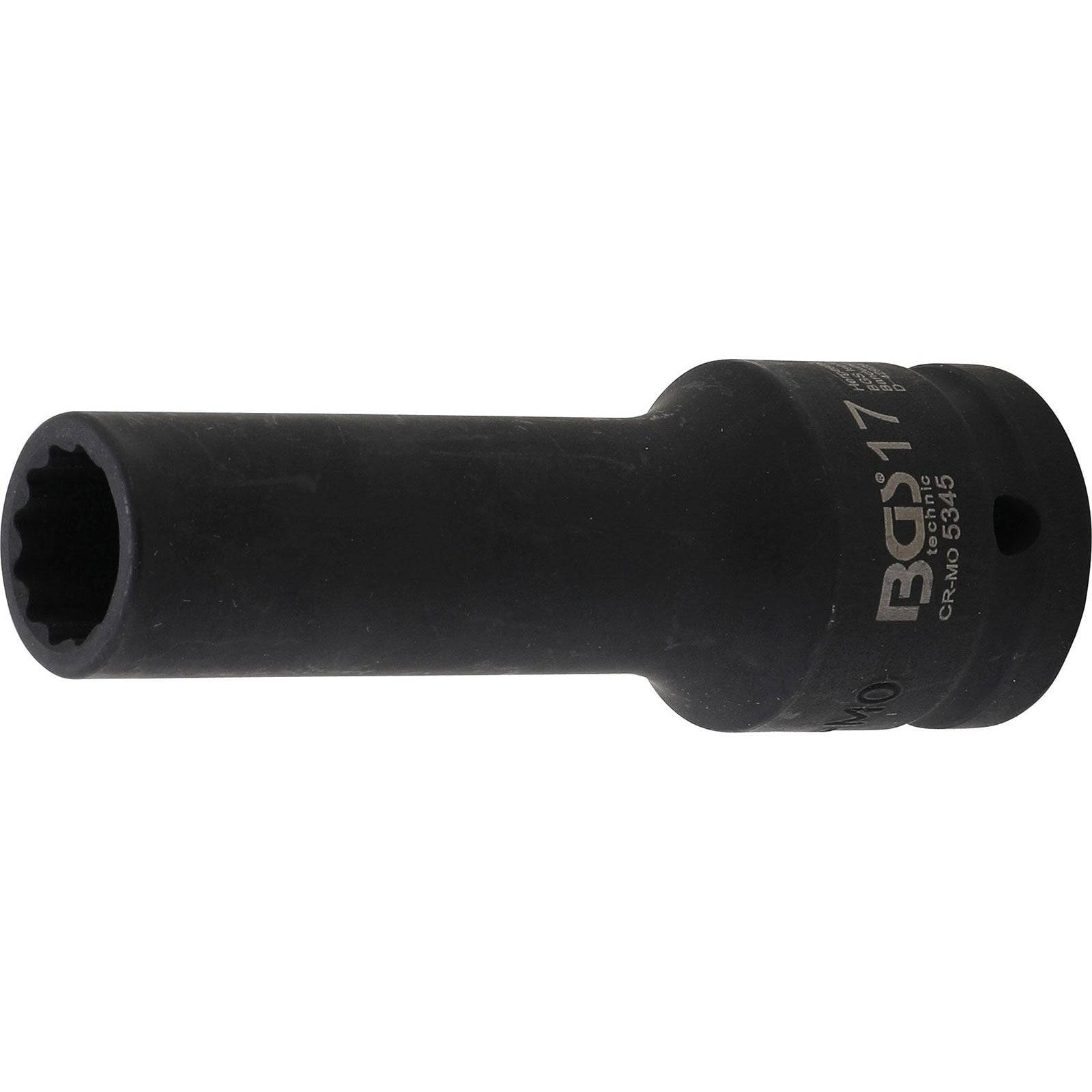 Ein schwarzer BGS 5335 Steckschlüssel, Größe 17, für den professionellen Einsatz mit tiefer Reichweite, der seine robuste Konstruktion zur Schau stellt.