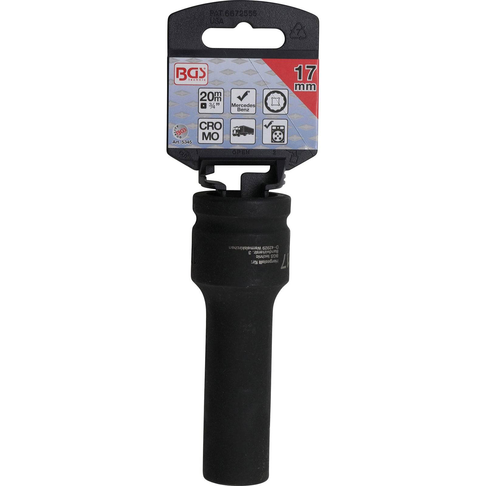 Eine 'BCS' Marke 17mm Schlagschraubereinsatz mit einer 20m Spezifikation, geeignet für gepanzerte Radmuttern. Ausgestattet mit einer Chrom-Molybdän-Konstruktion.
