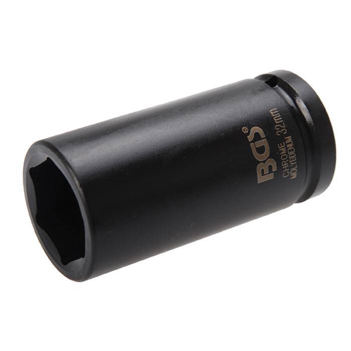 Schwarze 32-mm-Tiefsteckschlüssel-Aufsatz mit Sechskantöffnung, gezeigt auf weißem Hintergrund.