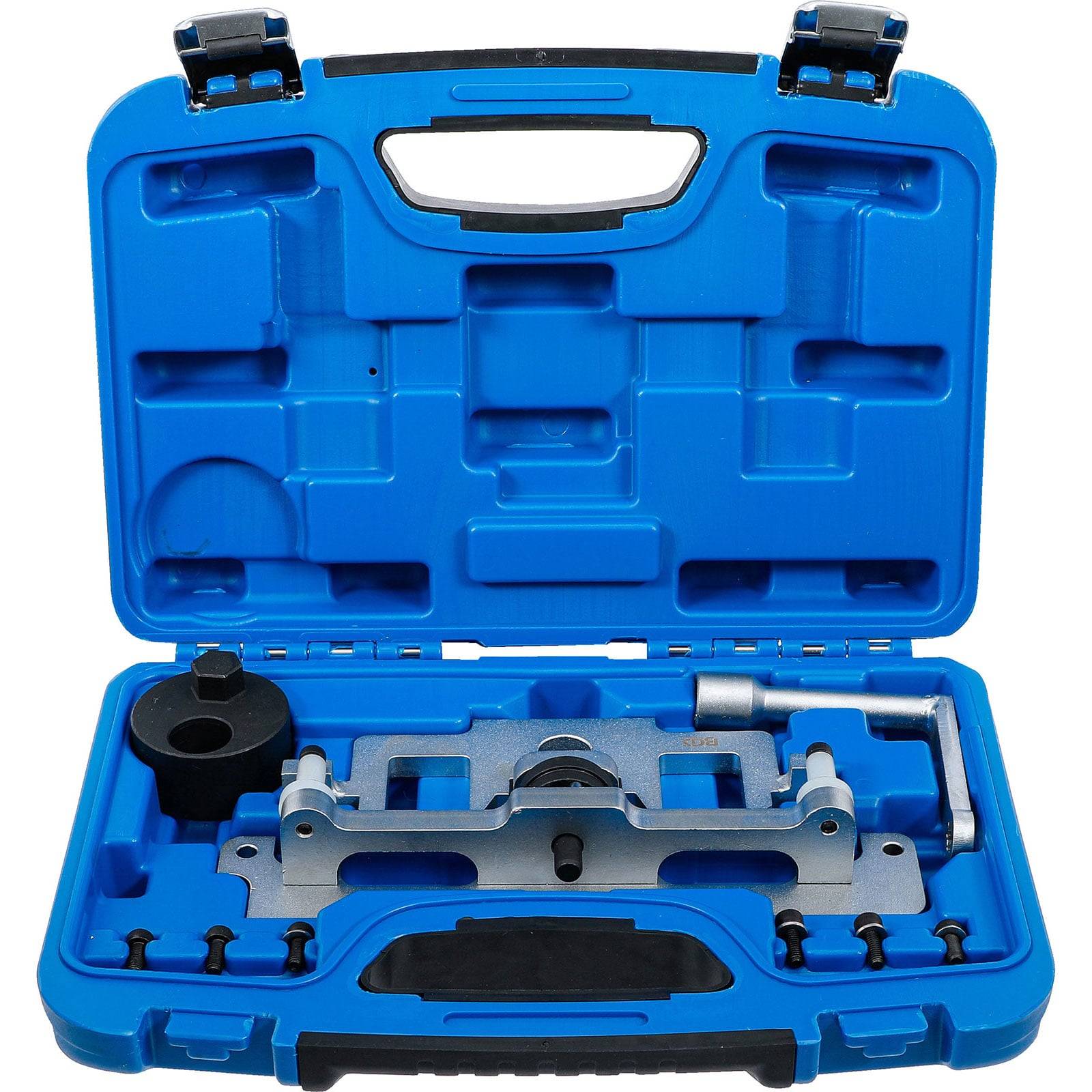 Eine blaue Plastikbox enthält einen Metallausrichtwerkzeugsatz zur Nockenwelleneinstellung, der mit geöffnetem Deckel die sorgsam arrangierten Komponenten zeigt.