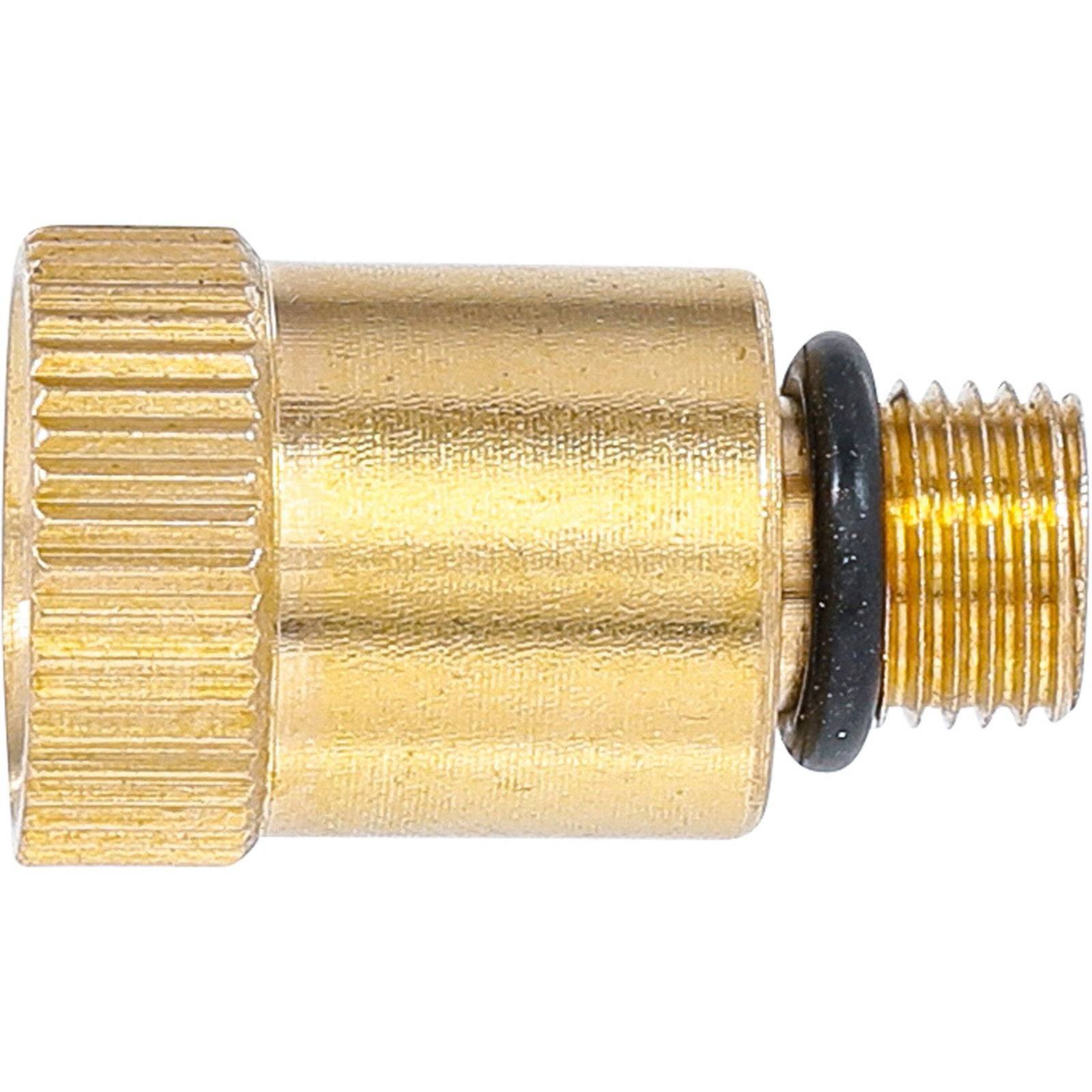 Ein Messingadapter mit einer gerillten Endseite und einem Gummi-O-Ring auf dem kleineren Gewinde-Abschnitt, typischerweise verwendet zum Verbinden von Schläuchen.