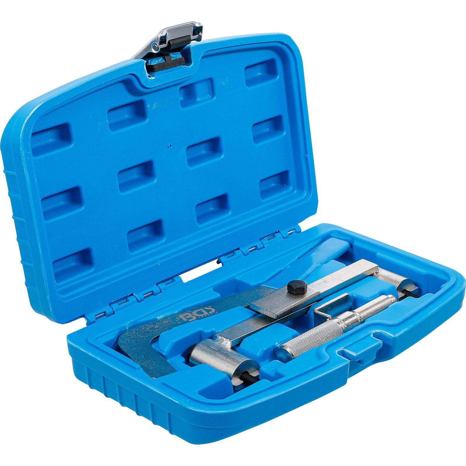 Ventilfedern-Kompressionswerkzeug-Set in einem blauen Kunststoffkoffer, geöffnet, um die sorgfältig angeordneten Werkzeuge zu zeigen.