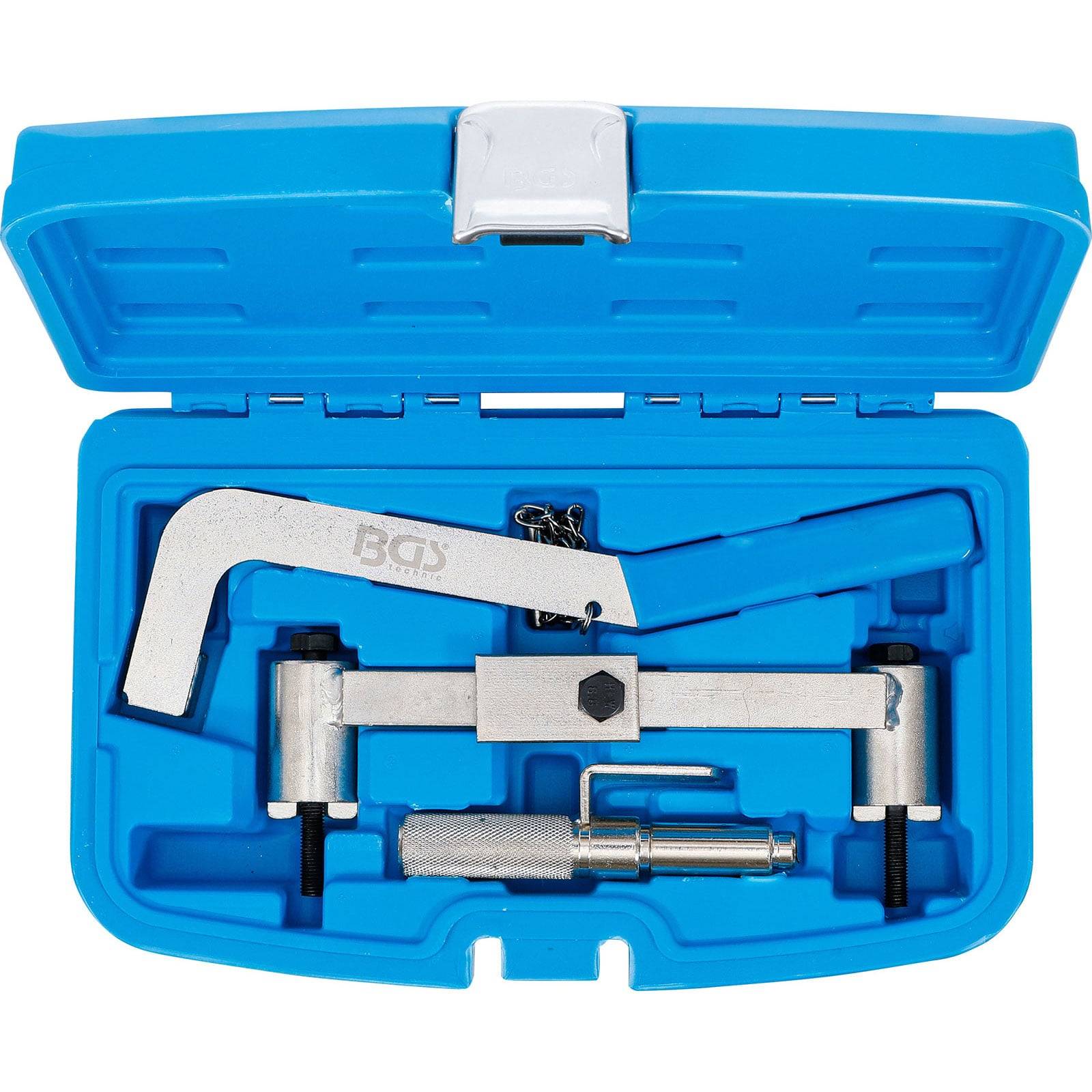 „Ein blauer Kunststoffkoffer mit einem Metallspanner und Arretierungswerkzeug, verwendet für Autoreparaturen oder -einstellungen.