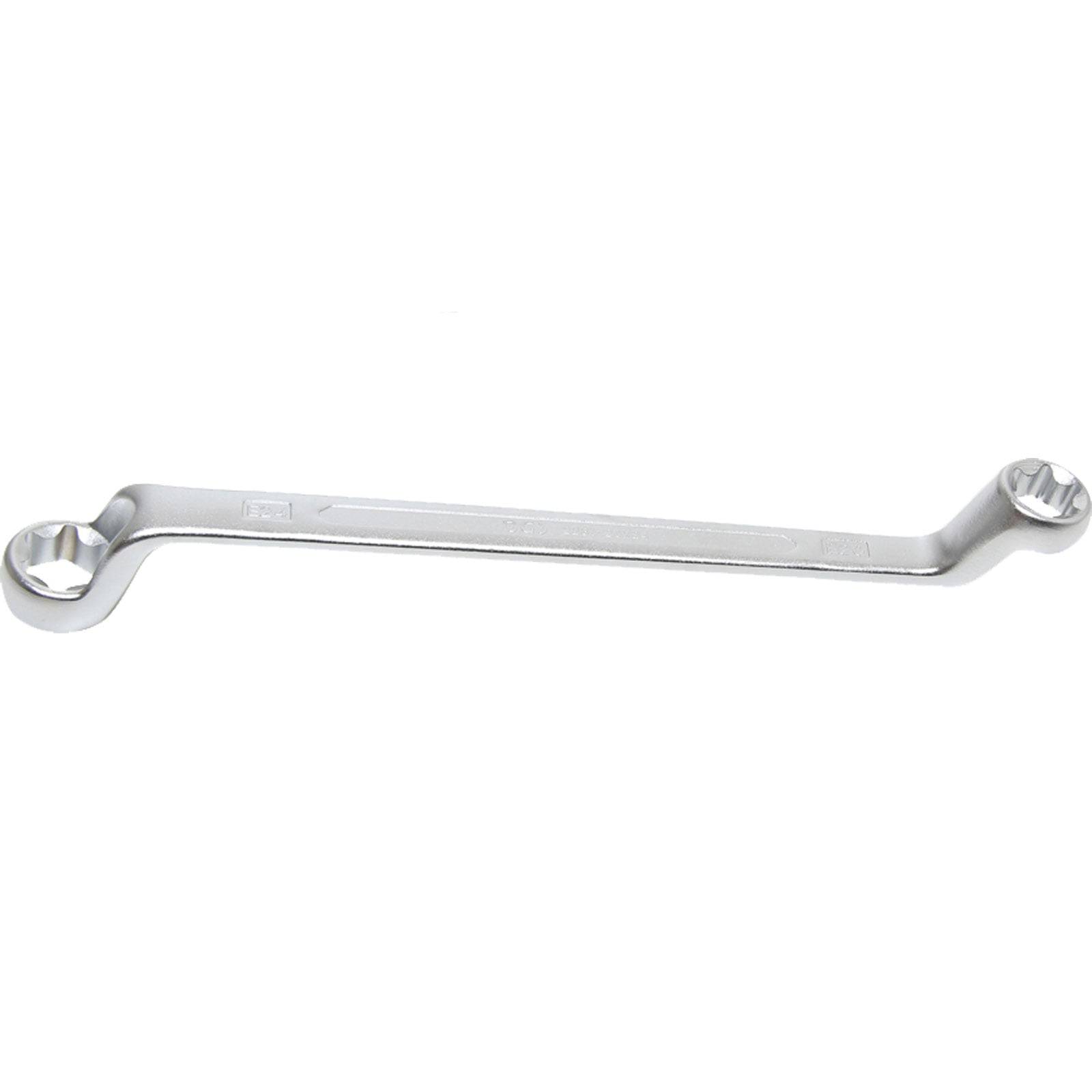 Ein beidseitiger Metallschlüssel mit Ringschlüsseldesign an beiden Enden, der üblicherweise zum Anziehen oder Lösen von Muttern und Schrauben verwendet wird.