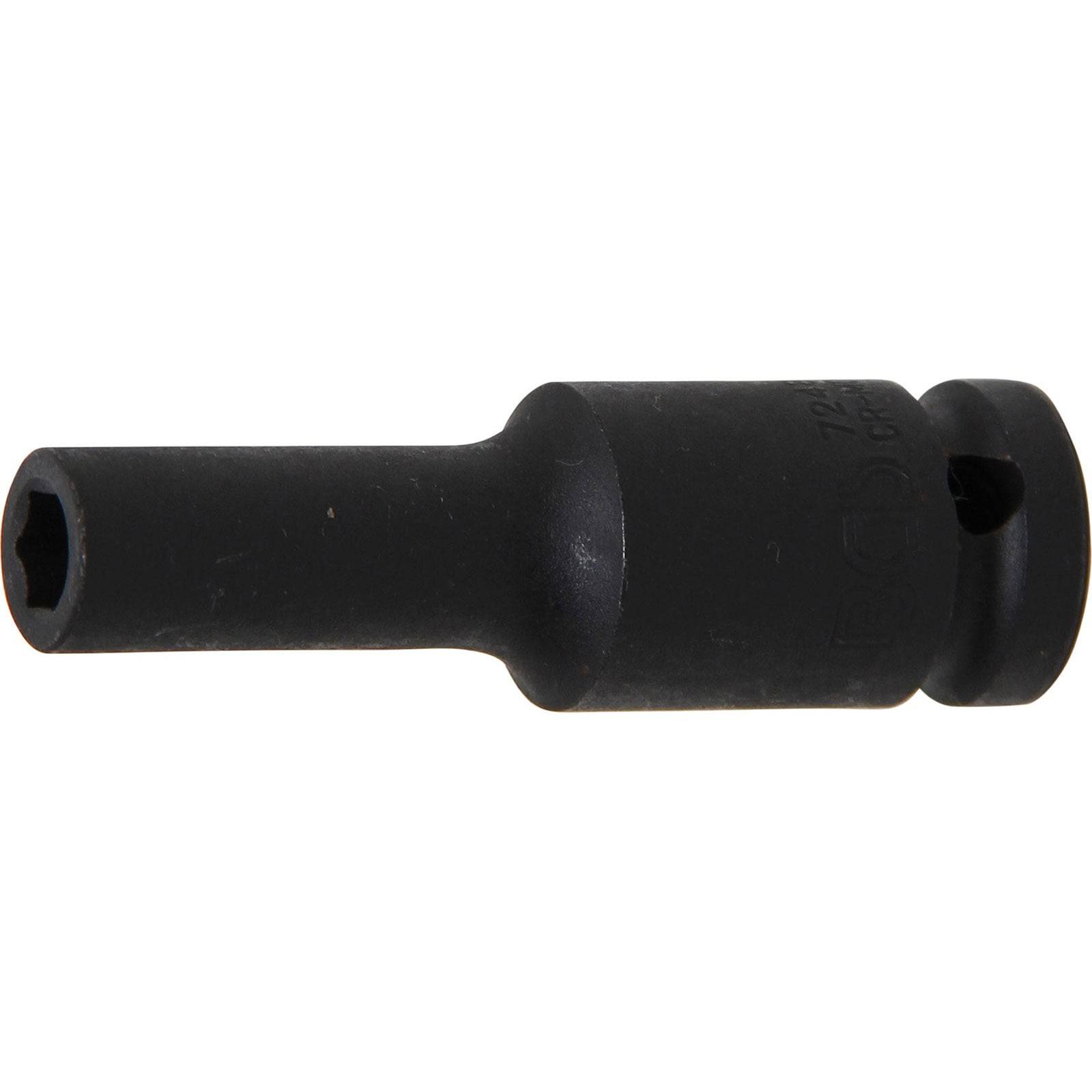 Ein schwarzer sechseckiger Steckschlüssel-Adapter mit einem zylindrischen Körper und einem sechseckigen Ende, der zum Verbinden von Werkzeugen mit Steckschlüsseln verwendet wird.