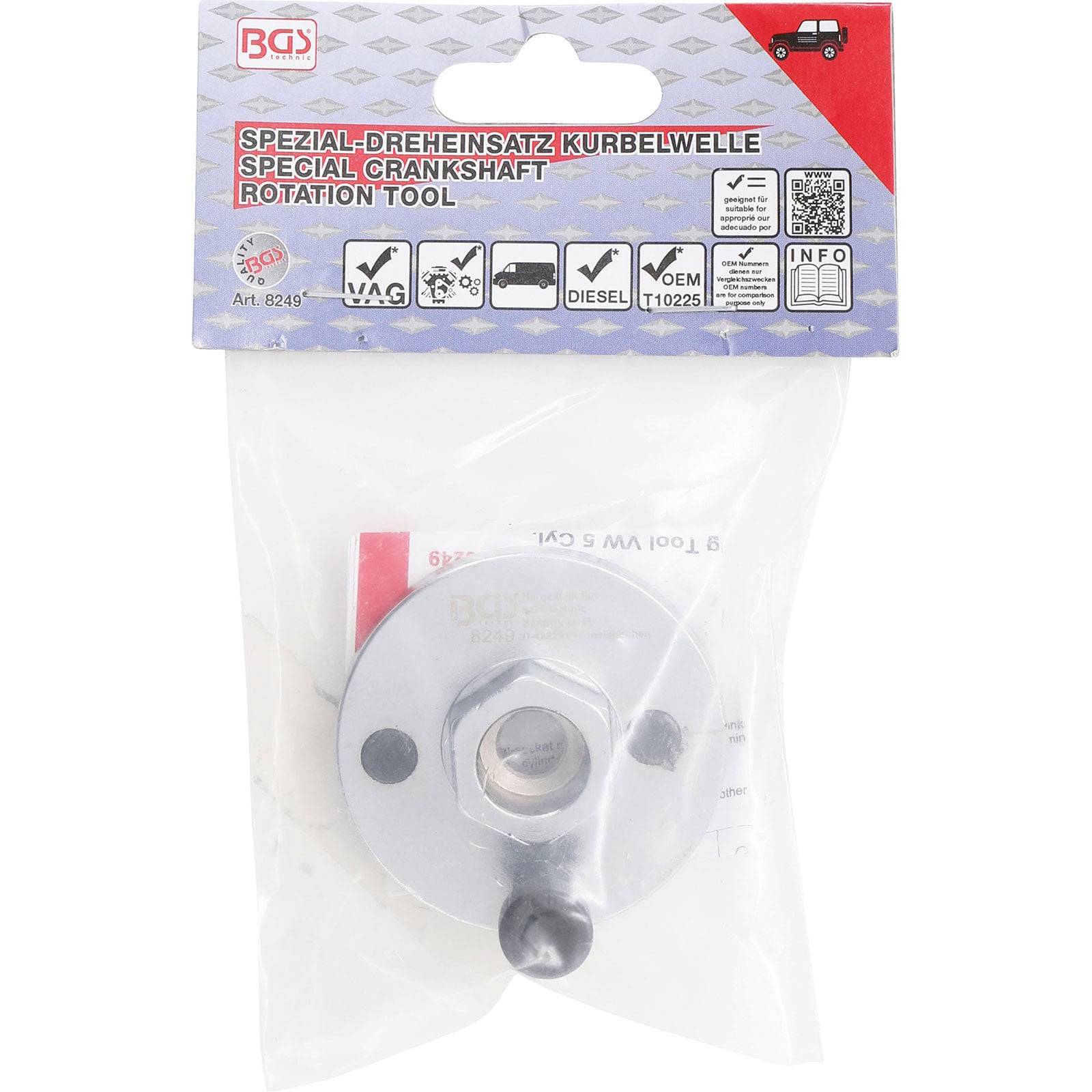 Spezielle Kurbelwellen-Drehwerkzeug' in Verpackung, Marke 'BGS', mit Symbolen zur Anzeige der Kompatibilität mit bestimmten Fahrzeugmarken und Motortypen.