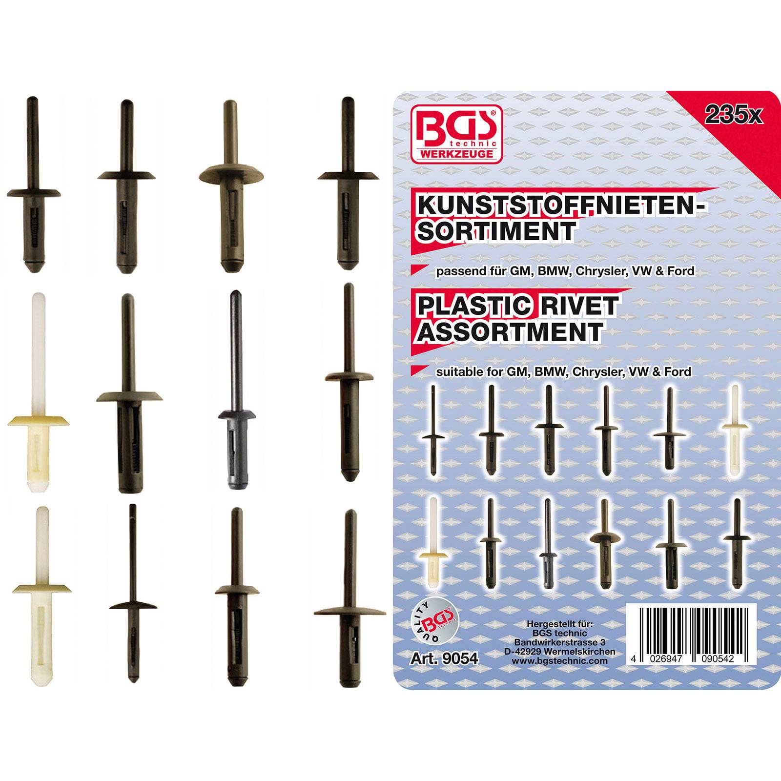 Packung mit sortierten Kunststoffnieten mit der Aufschrift 'Kunststoff-Nieten-Sortiment', geeignet für GM, BMW, Chrysler, VW und Ford, 235 Stück.
