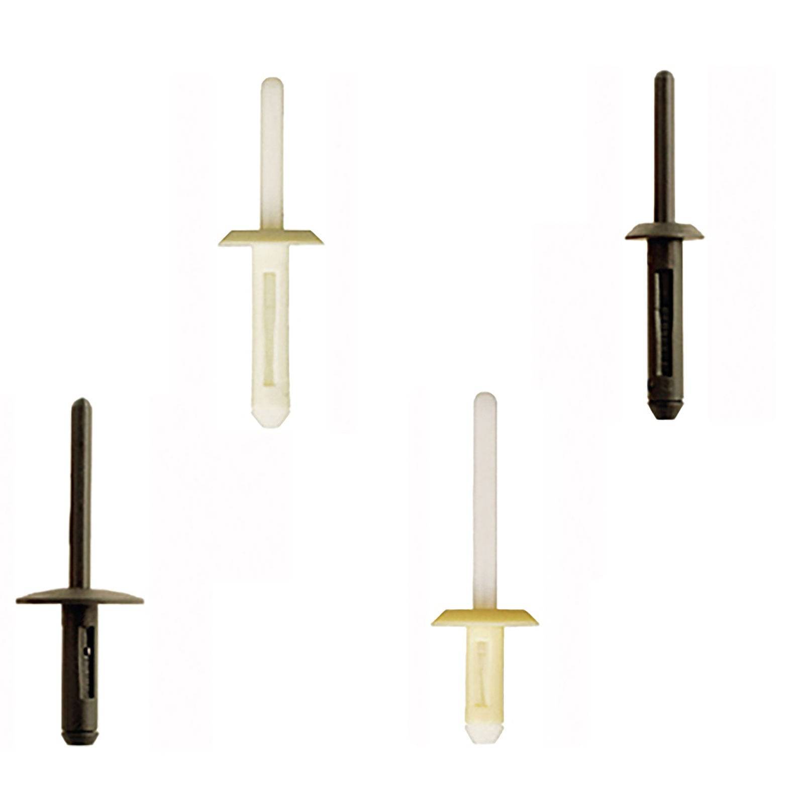 Vier farbcodierte industrielle Befestigungselemente mit langen Schäften und breiten Köpfen, auf weißem Hintergrund dargestellt, in verschiedenen Farben und Designs.