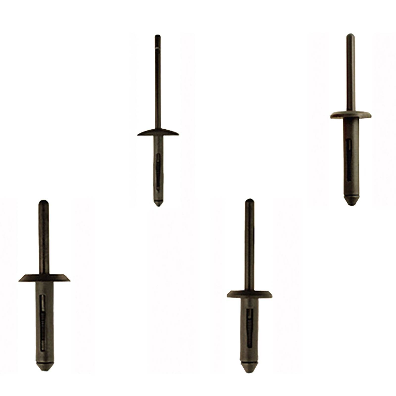 Fünf schwarze Kunststoff-Drucknieten mit flachen, runden Köpfen und langen Schäften, aus verschiedenen Blickwinkeln gegen einen weißen Hintergrund dargestellt.