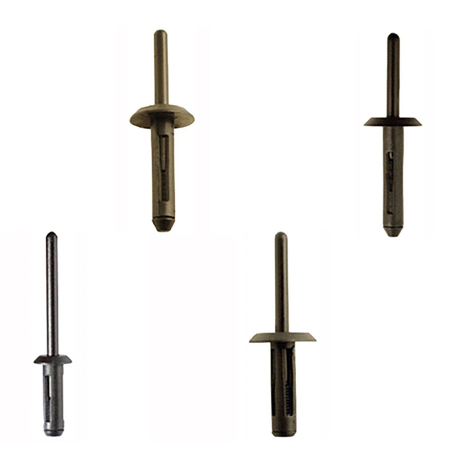 Vier Stahlnieten in unterschiedlichen Größen und Ausführungen werden präsentiert, jede mit einem zylindrischen Schaft und einem aufgeweiteten Kopf.