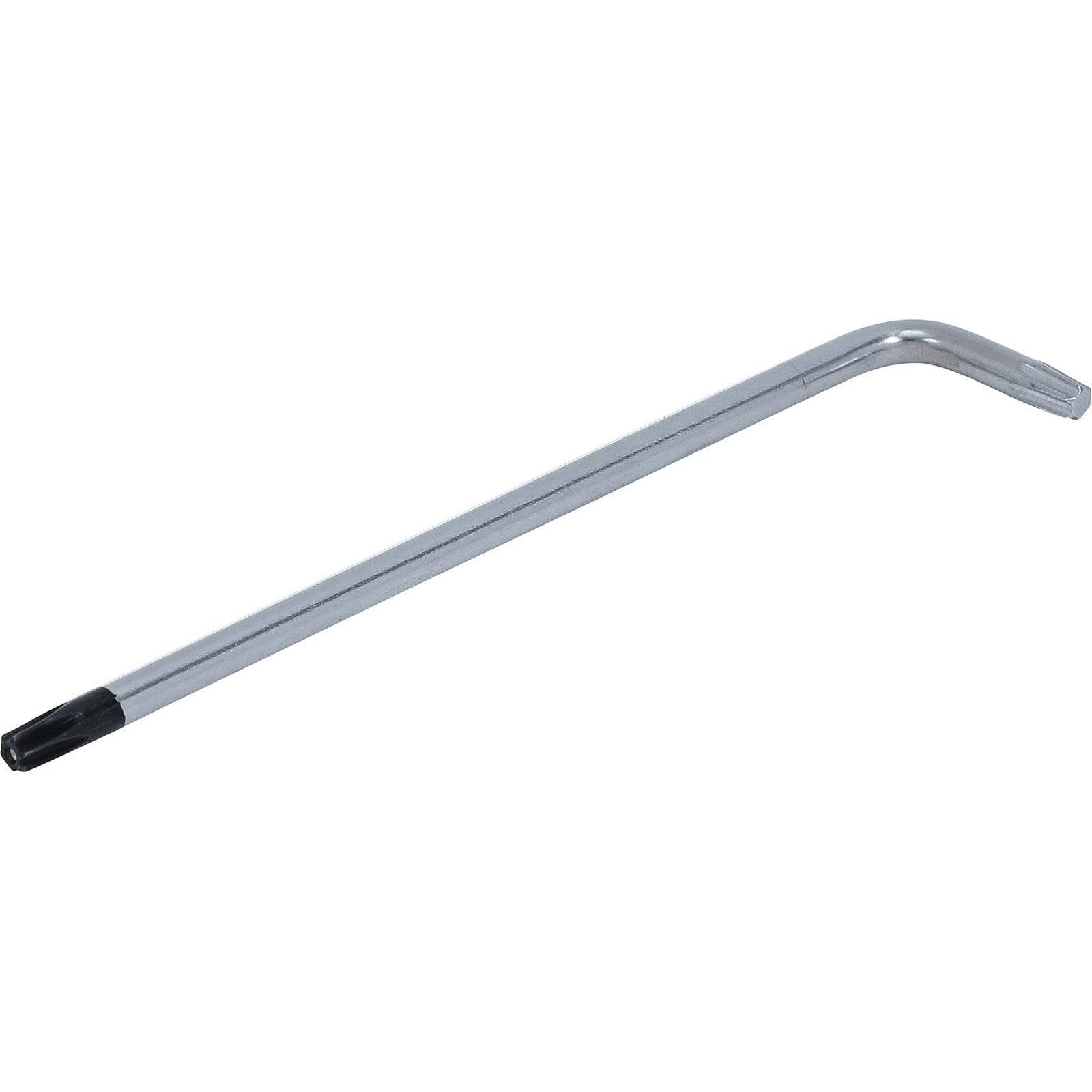 Ein Sechskantschlüssel (Innensechskantschlüssel), der eine L-förmige Konstruktion aufweist und mit einer schwarzen Spitze und metallischem Finish versehen ist, der zum Anziehen oder Lösen von Innensechskantschrauben verwendet wird.