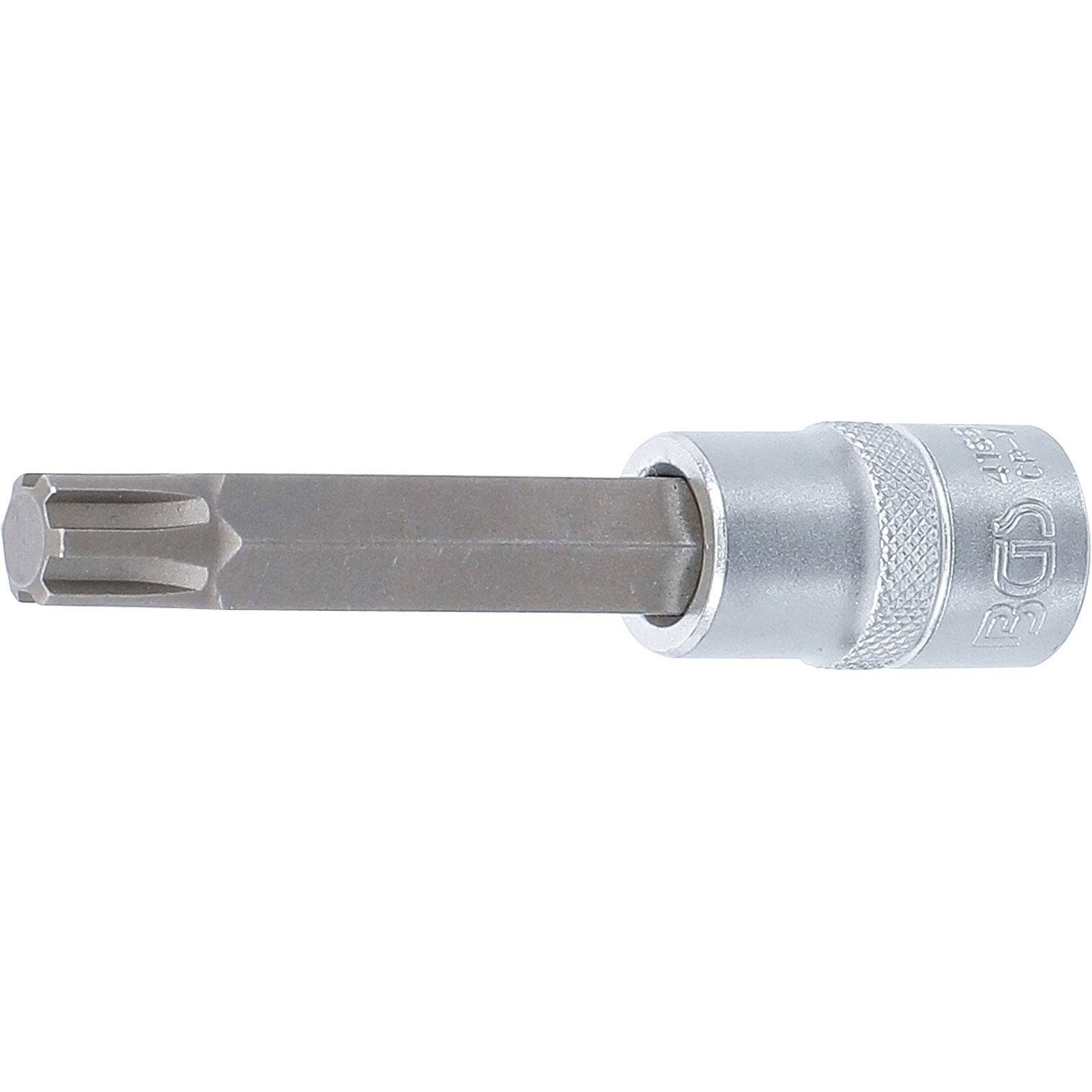 Eine Metall-Sechskant-Biteinsatz für einen Knarren-Schraubendreher, verwendet zum Eindrehen von Schrauben oder Bolzen mit einem sechseckigen Aufnahmeschaft, auf einem weißen Hintergrund.