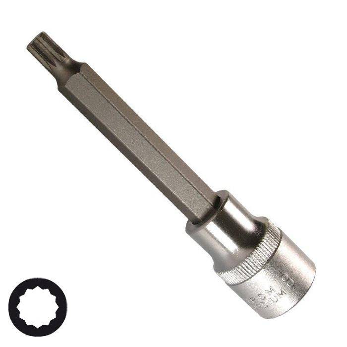 Hex-Bit-Steckdossenaufsatz mit einer langen silbernen Verlängerung und gerilltem Steckdossenende, dargestellt mit einem schwarzen Torx-ähnlichen Bit-Symbol, das die Bitform anzeigt.