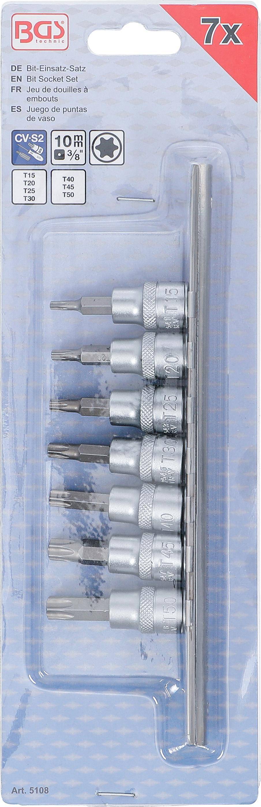 Ein Satz aus fünf Metallsechskant-Schraubendreher-Bits in einem transparenten Plastikgehäuse, von 'T5' bis 'T10' beschriftet und vertikal angeordnet.