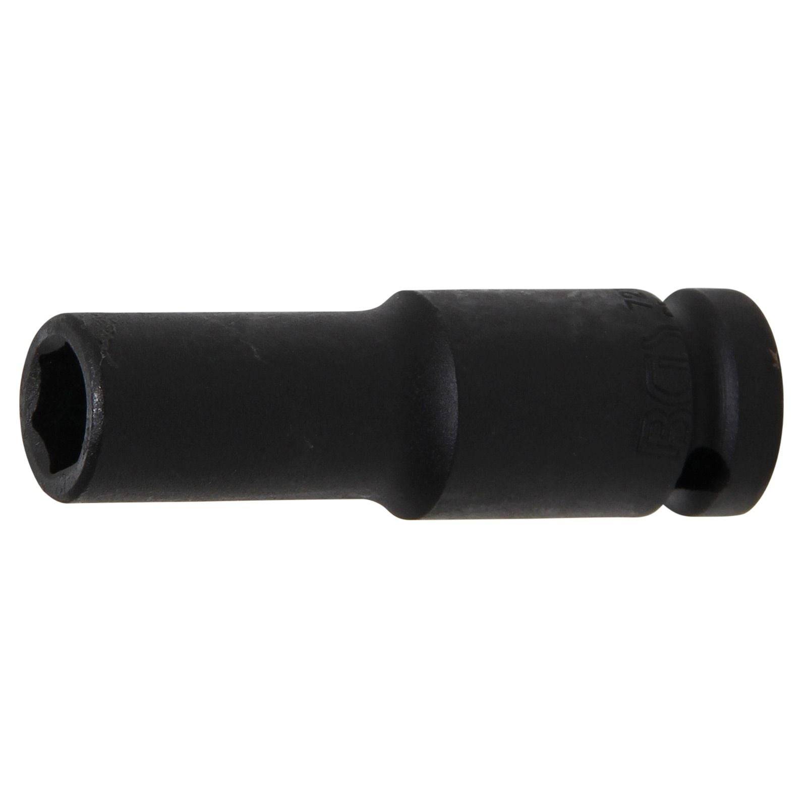 Ein schwarzer Schlagschraubendreher-Bit, zylindrisch mit einer sechseckigen Öffnung für Muttern oder Schrauben, typischerweise mit Elektrowerkzeugen verwendet.