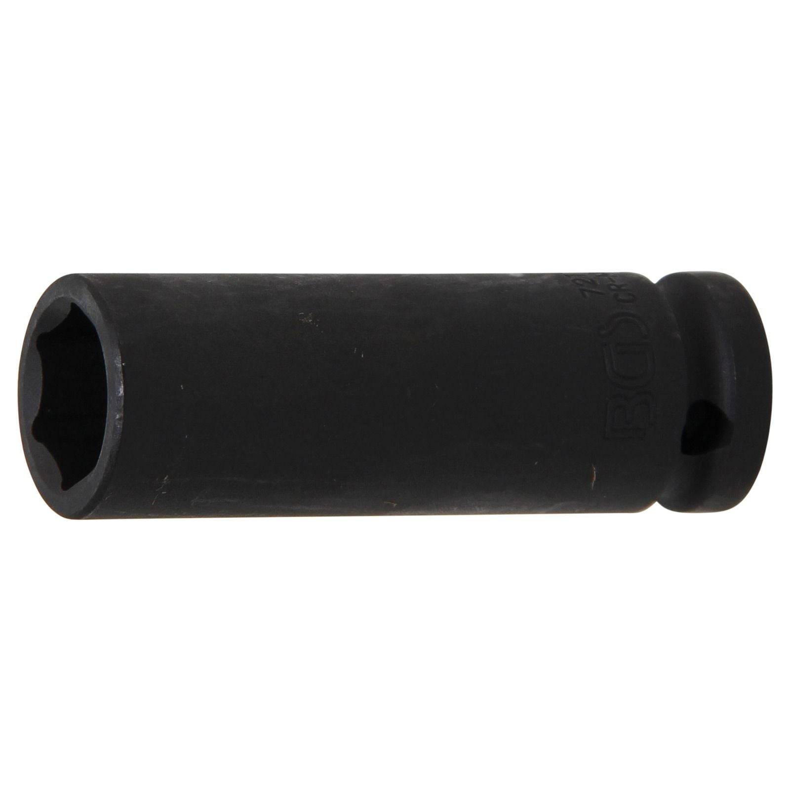 Eine schwarze, sechseckige Schlagstecknuss, die zum Lösen und Festziehen von Muttern und Schrauben entwickelt wurde, mit einem robusten, matten Finish.
