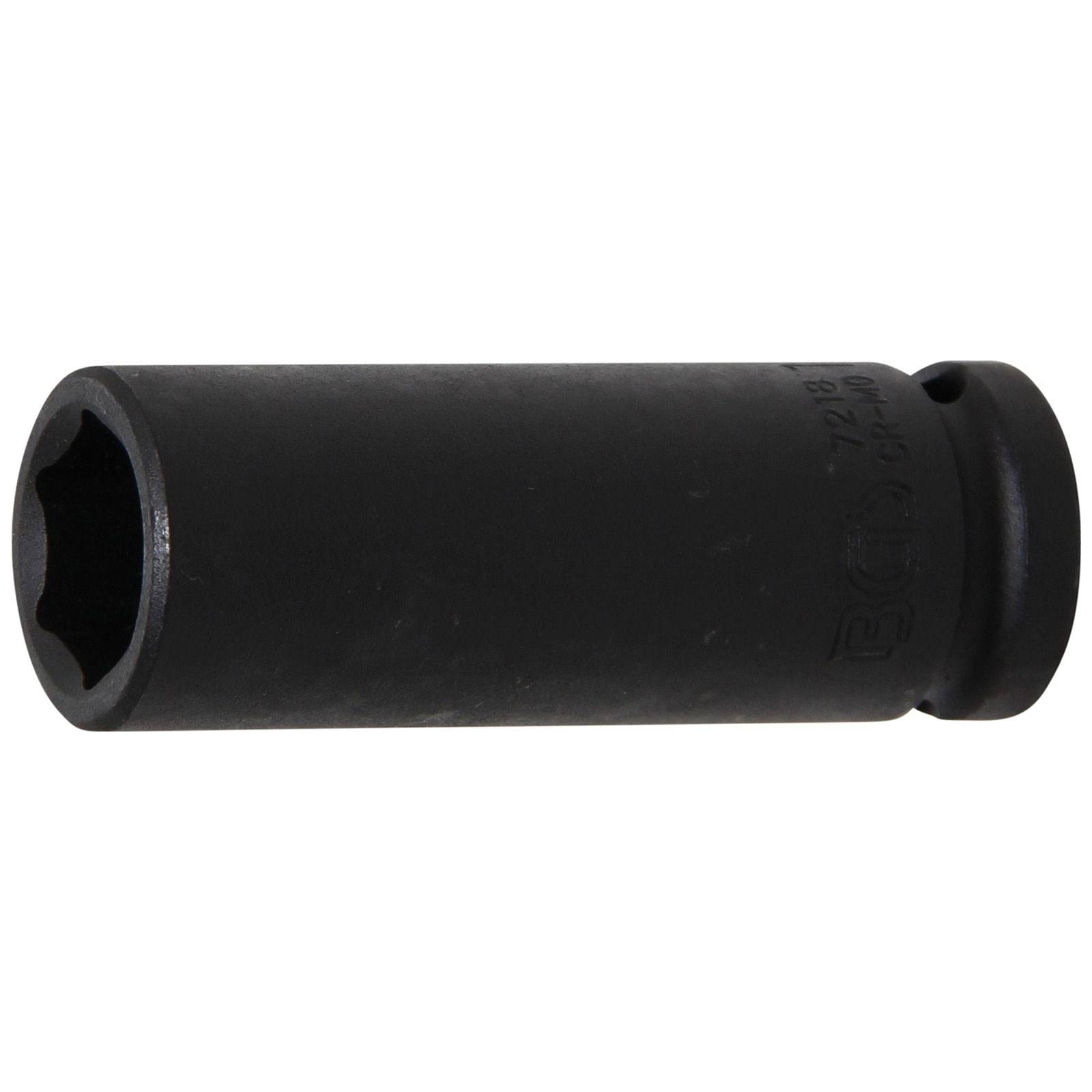 Eine schwarze Schlagstecknuss mit sechseckiger Öffnung, die zum Anziehen oder Lösen von Muttern und Schrauben mit einem kompatiblen Schraubenschlüssel oder Ratsche verwendet wird.