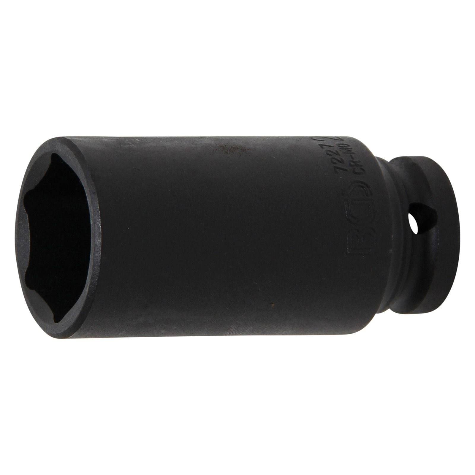 Eine schwarze Steckschlüssel-Aufnahme mit einer großen sechseckigen Öffnung und einem Loch an ihrer Seite, für den Einsatz unter schweren Bedingungen konzipiert.