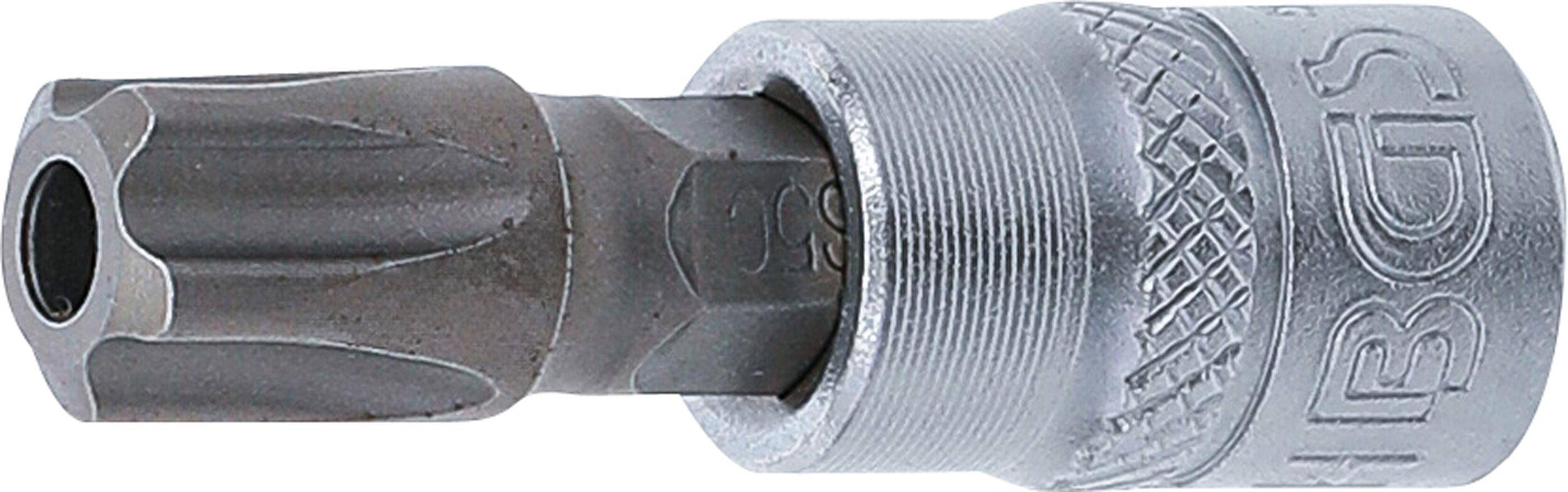 Eine Nahaufnahme eines Metallbolzens, der Gewinde und einen sechskantigen Kopf zeigt, der zum Befestigen von Teilen in mechanischen Baugruppen verwendet wird.