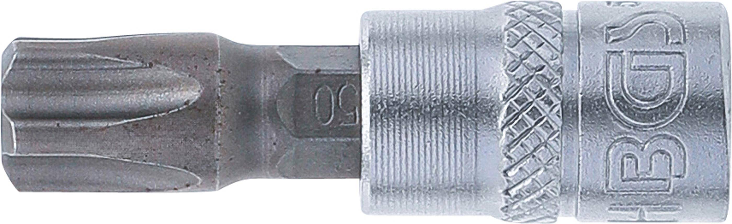 Nahaufnahme eines Metallsechskant-Bits mit der Markierung '50', das teilweise in eine Fassung eingesetzt ist. Die Metalloberfläche ist strukturiert und glänzend.