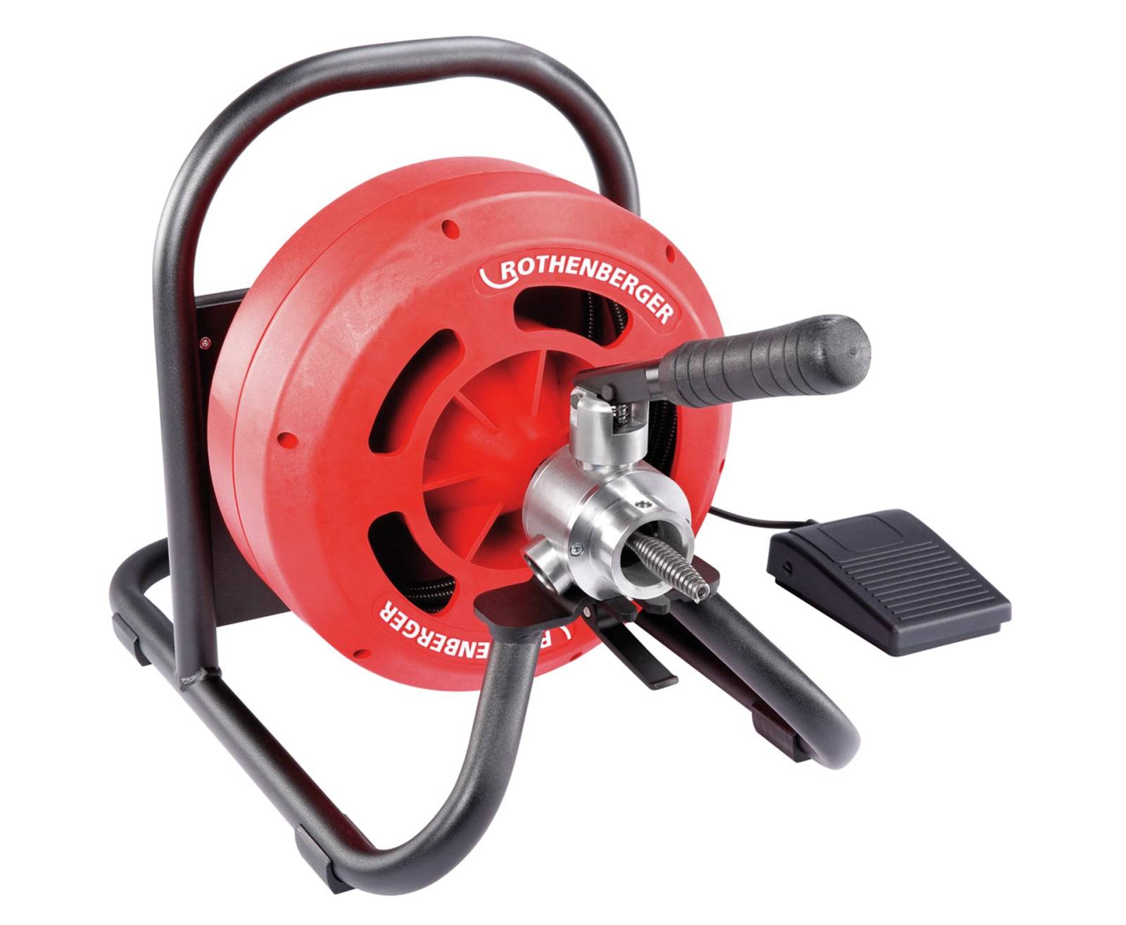 Rothenberger Rohrreinigungsmaschine mit Fußpedal, gebraucht zum Beseitigen von Verstopfungen in der Sanitärinstallation. Ausgestattet mit einem roten Koffer und Griff für manuelle Bedienung.
