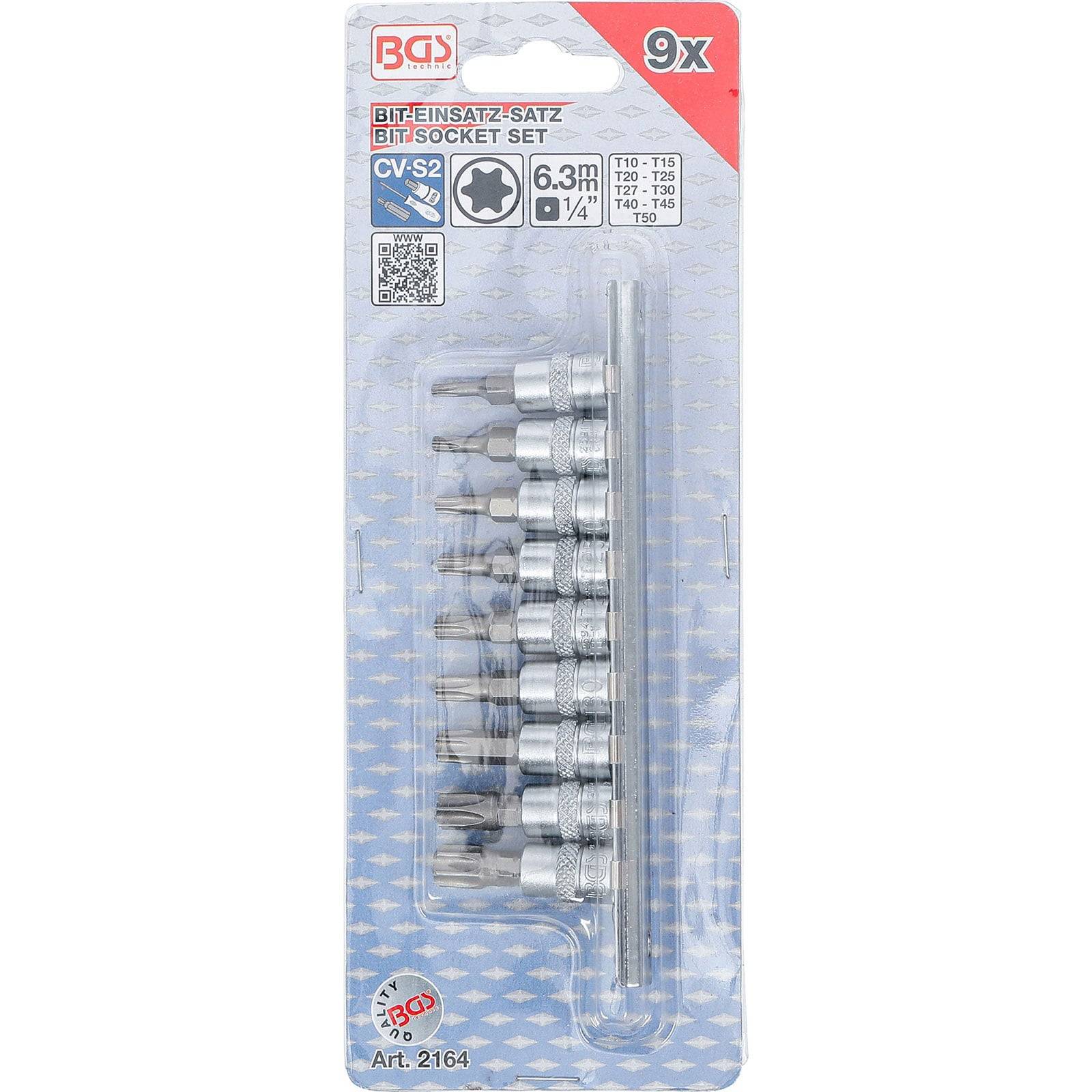 BGS Bit-Einsatz-Satz Antrieb Innenvierkant 6,3 mm (1/4") T-Profil (für Torx) T10 - T50 9tlg. - 2164