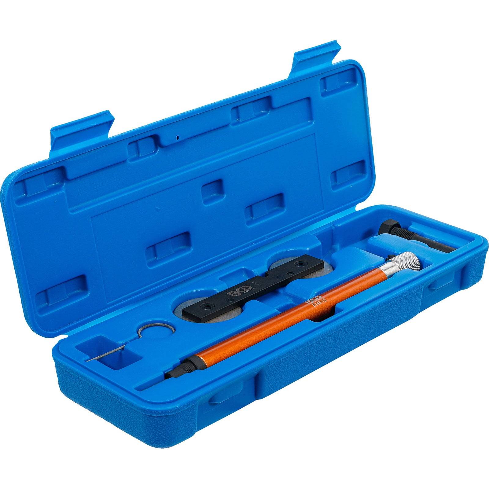 Eine blaue Plastikbox ist geöffnet und zeigt einen orangefarbenen Drehmomentschlüssel sowie zugehörige Werkzeuge im Inneren.