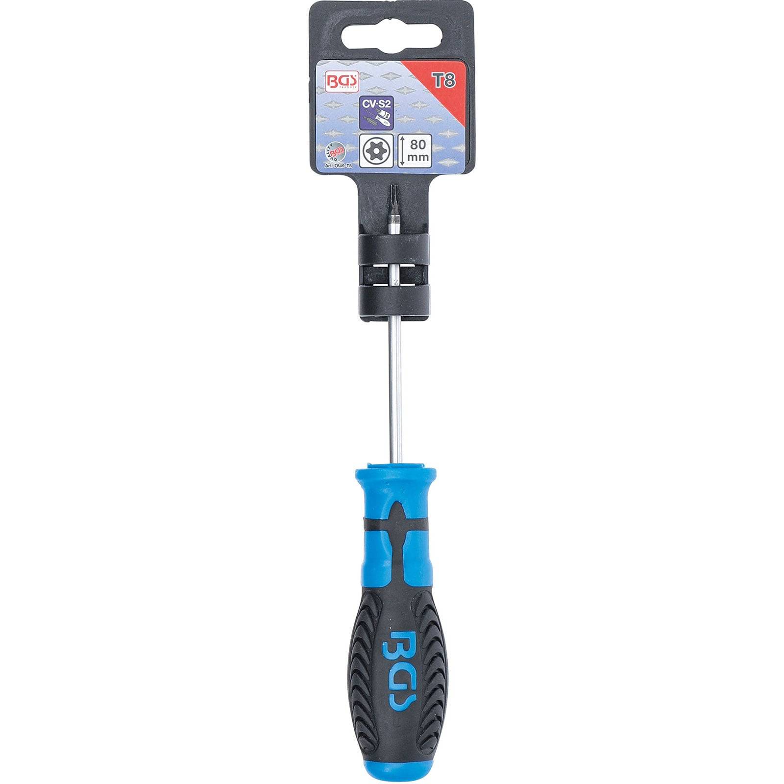T8-Schraubendreher mit blau-schwarzem Griff, Beschriftung BGS, 80 mm Länge, verpackt in einer Displaykarte mit Produktdetails.