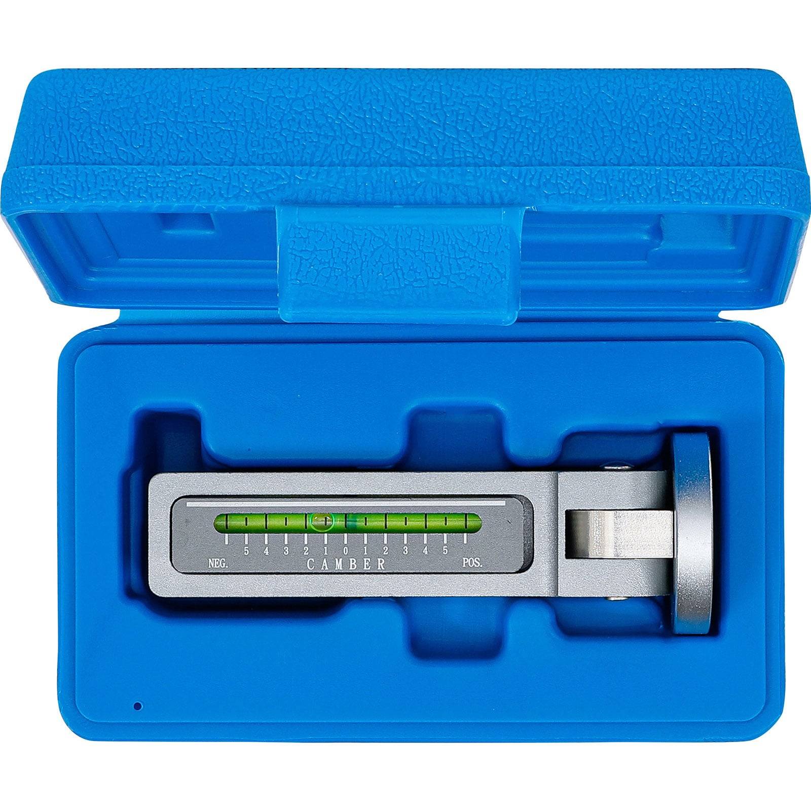 Silberner Kammraster mit grüner Messdisplay, untergebracht in einem blauen Kunststoffgehäuse.