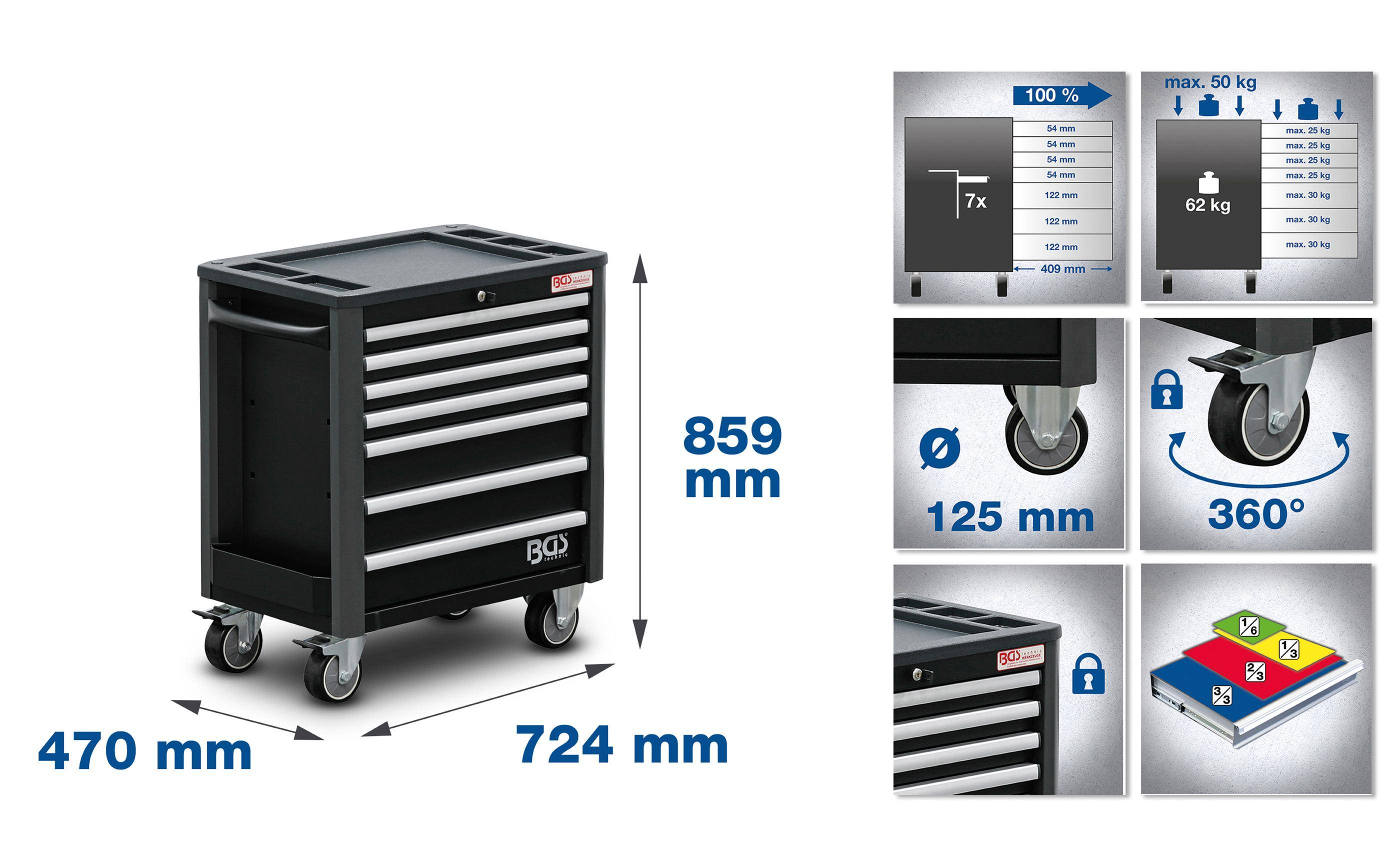 BGS technic Werkstattwagen | 7 Schubladen | extra geringe Bauhöhe |